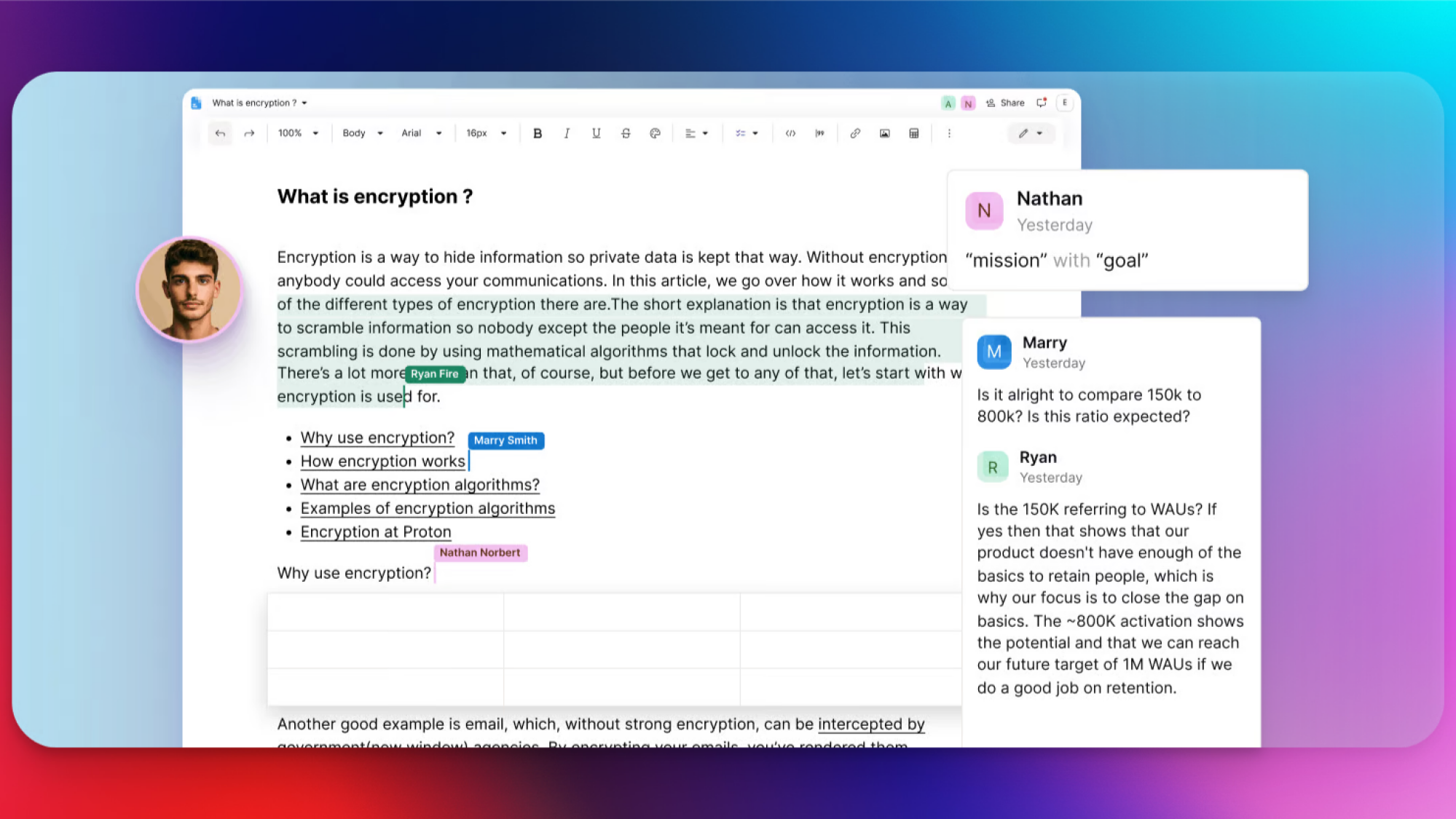 Proton Docs, with comments on a collaborative document.