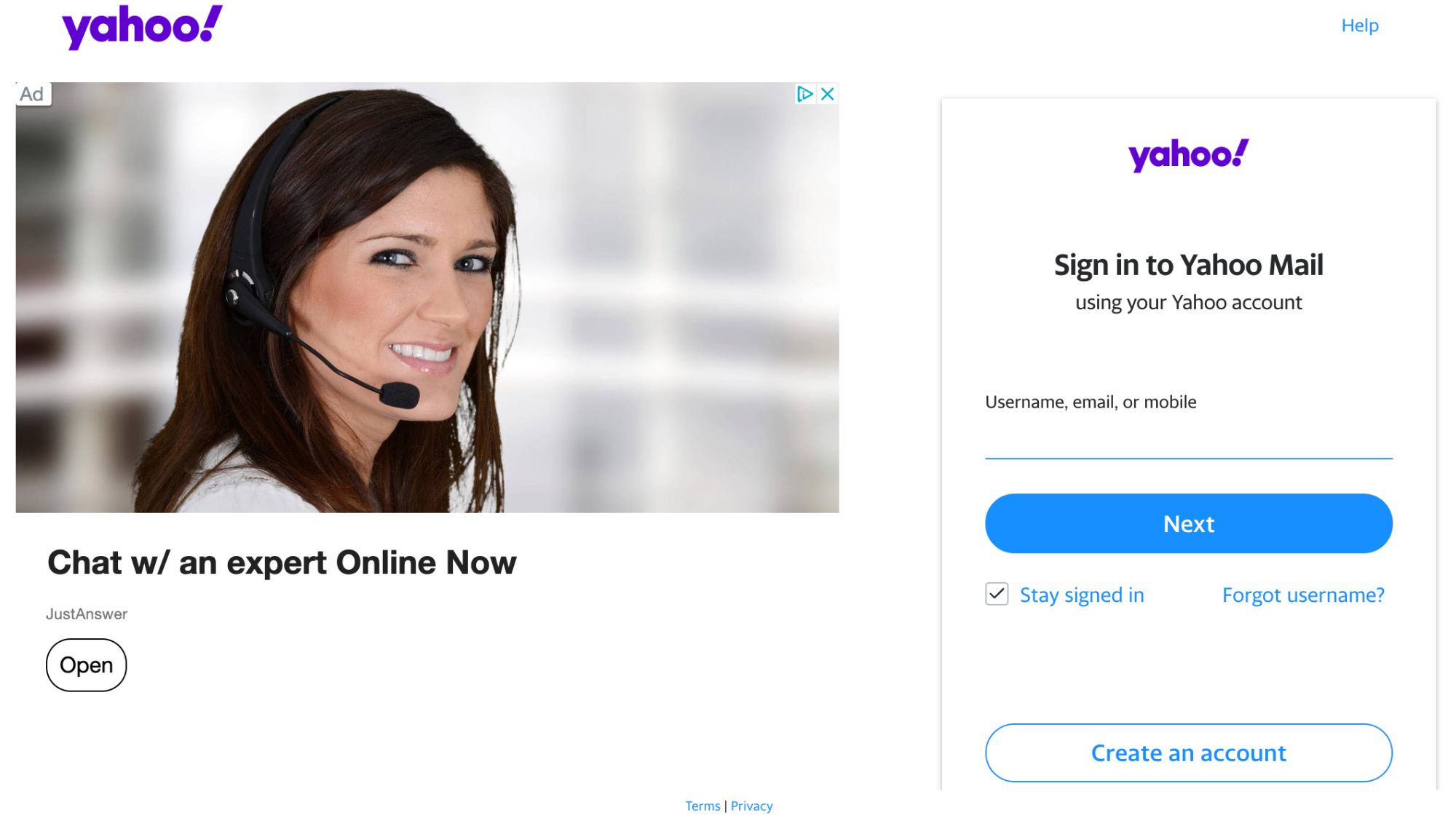 Yahoo Mail login screen.