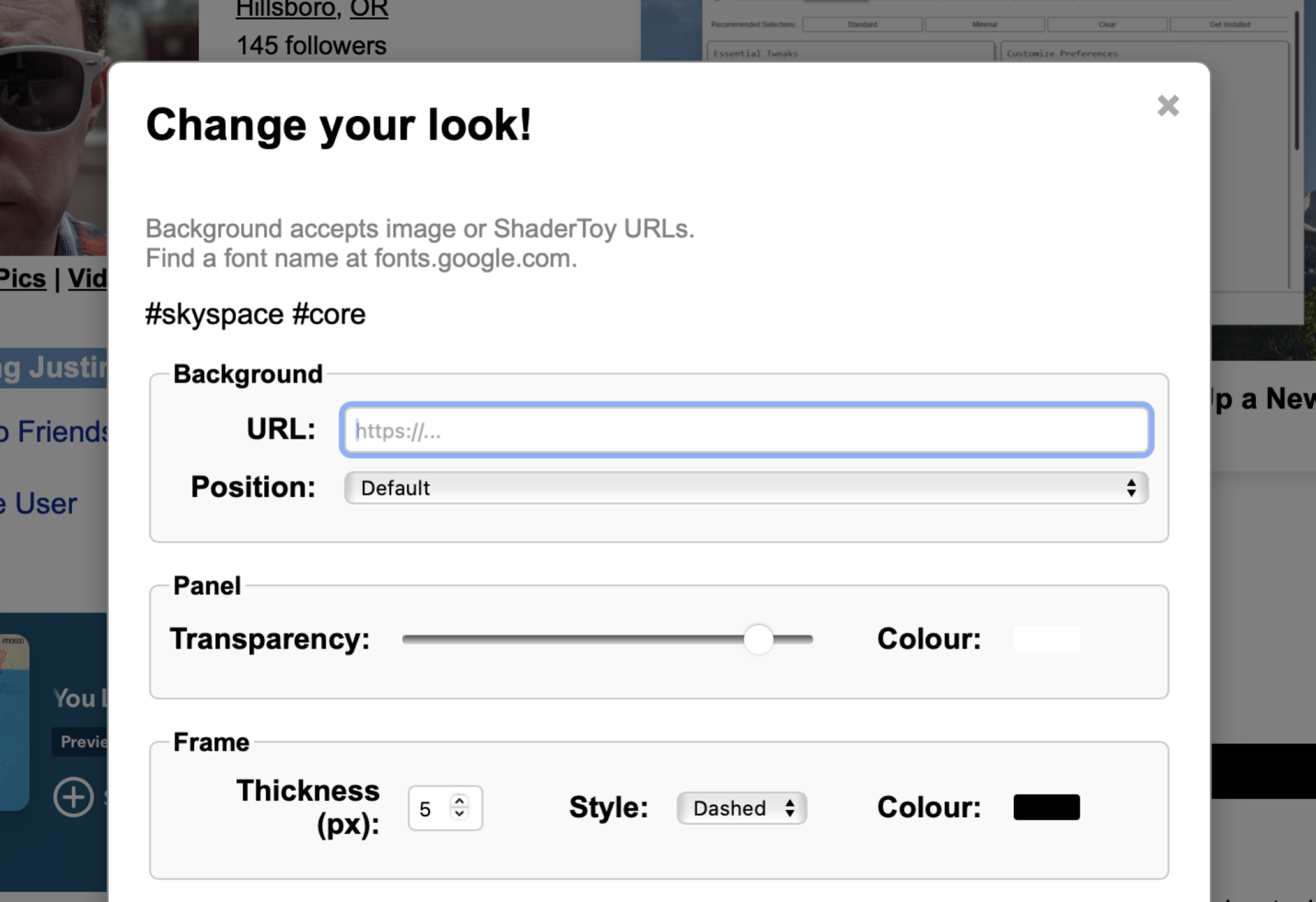 Customization panel featuring options for background images, transparency, and styling.