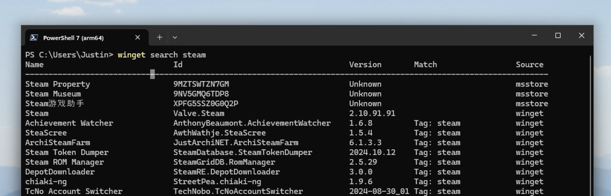 The command 'winget search steam' provides a detailed list of results.