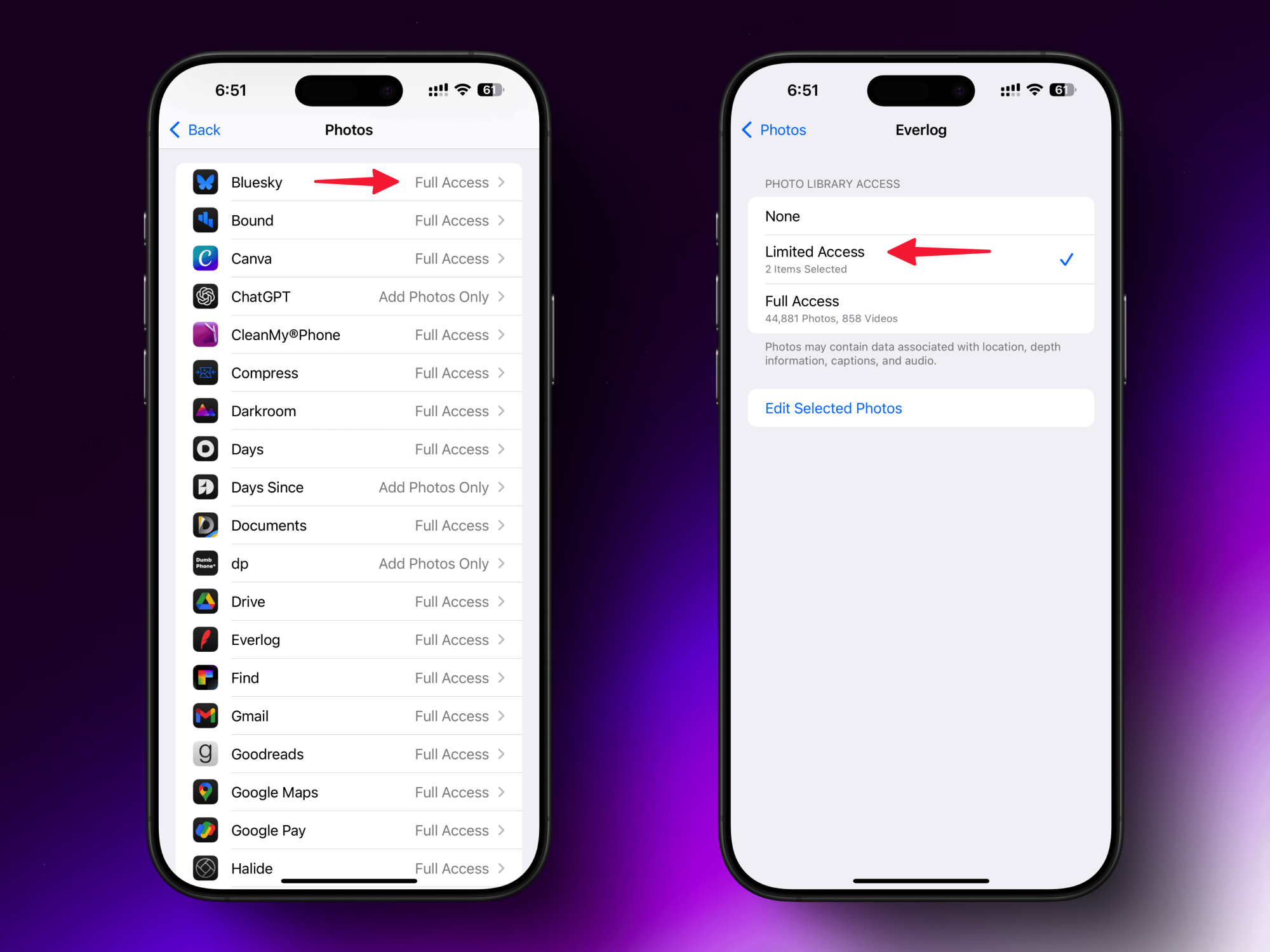 Adjusting photo access for an app on an iPhone.