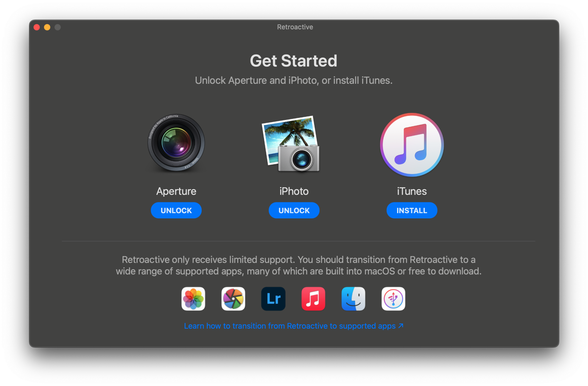Retroactive app screen showing options for iPhoto and iTunes