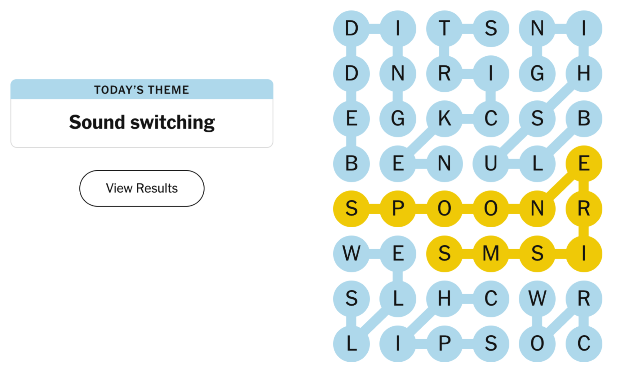 Completed NYT Strands board for March 17, 2024: Sound switching.