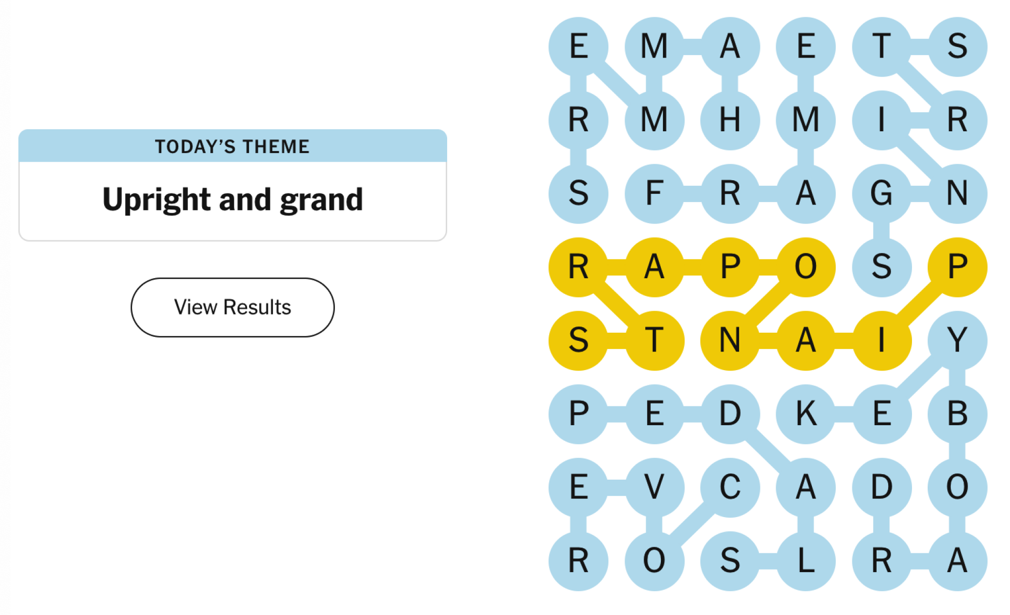 Completed NYT Strands board for March 19, 2024: Upright and grand.