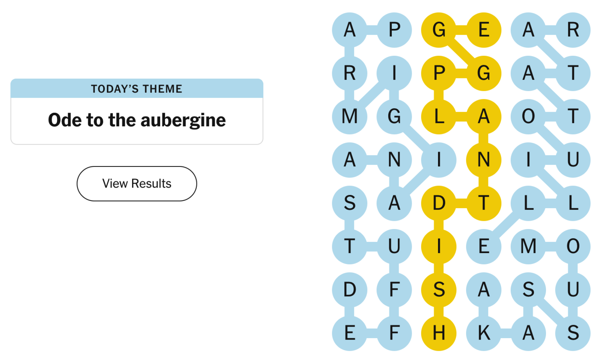 Completed NYT Strands board for March 21, 2024: Ode to the aubergine.