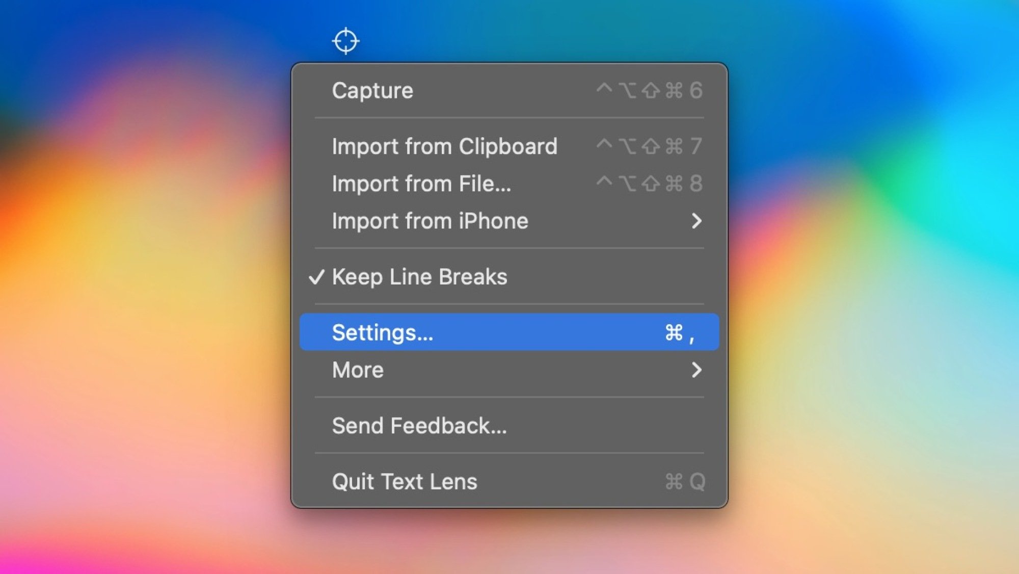 Text Lens displayed in the Mac menu bar.