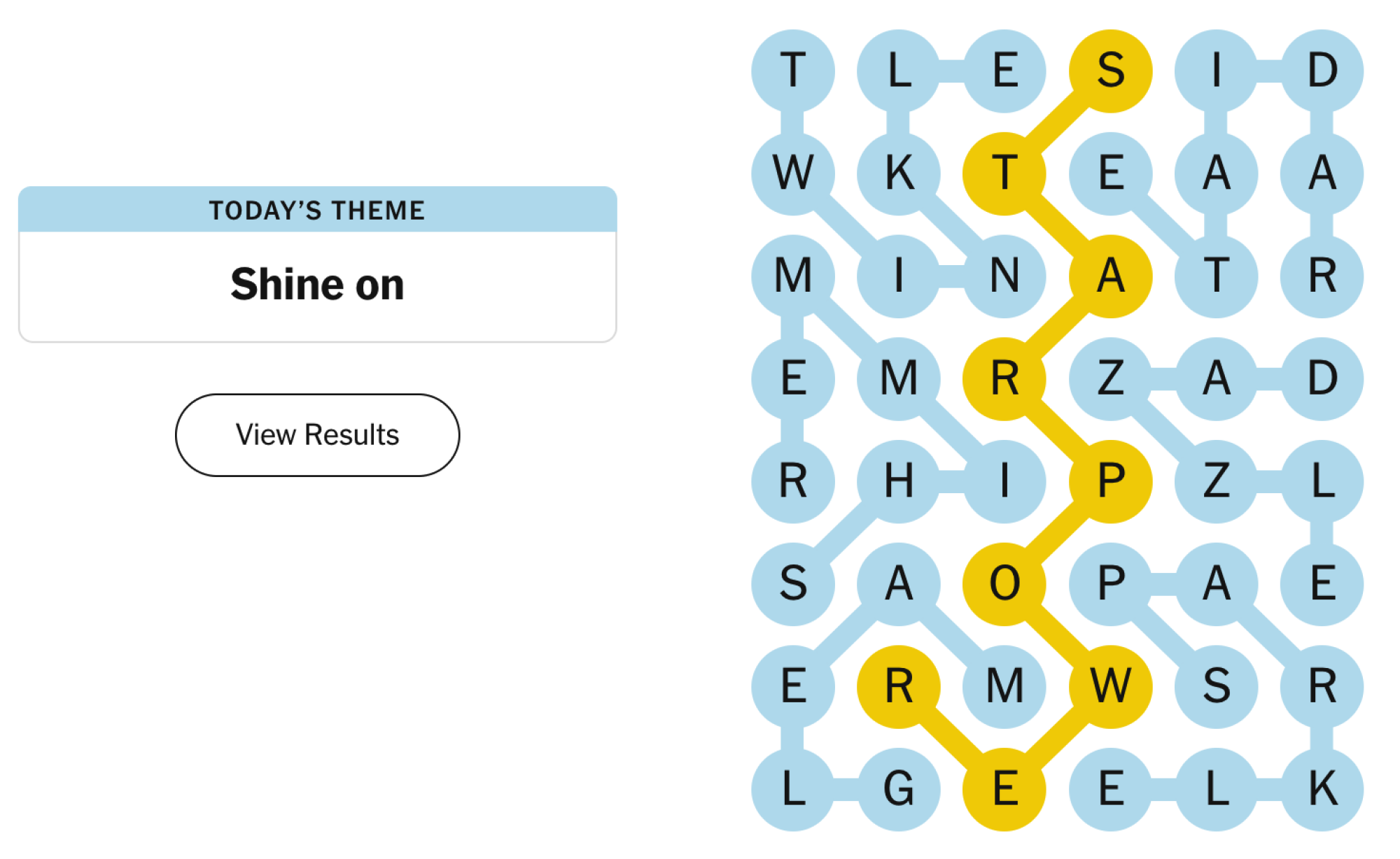 Completed NYT Strands board for April 2, 2024: Shine on.