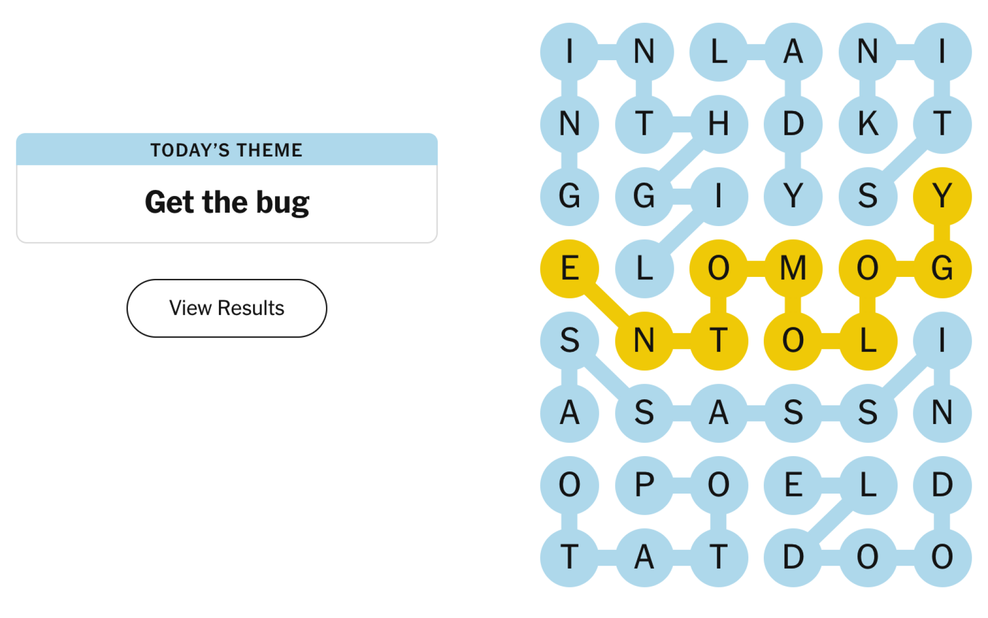 Completed Strands board for April 3, 2024: Get the bug.