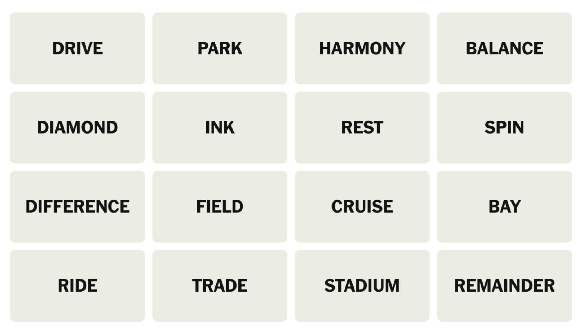 NYT Connections board for April 4, 2025: DRIVE, PARK, HARMONY, BALANCE, DIAMOND, INK, REST, SPIN, DIFFERENCE, FIELD, CRUISE, BAY, RIDE, TRADE, STADIUM, REMAINDER.