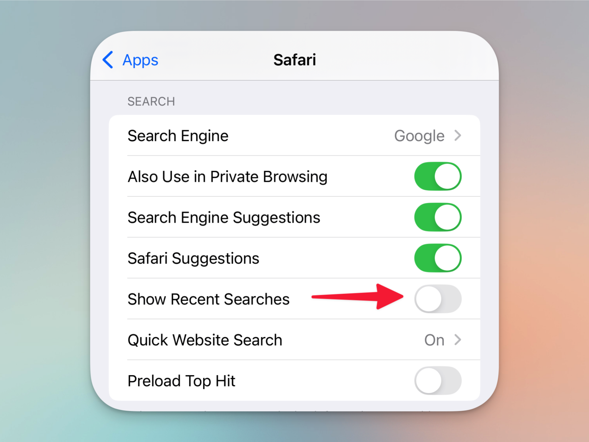 Turning off Recent Search Results in Safari