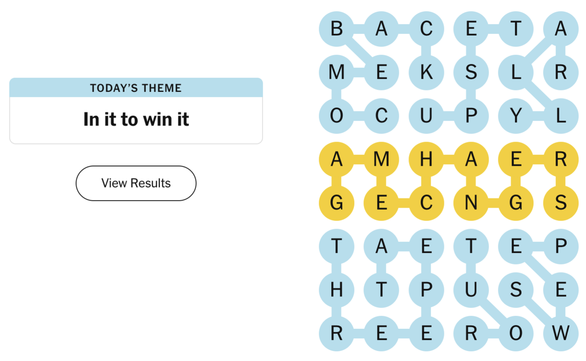 Completed NYT Strands board for April 5, 2024: In it to win it.
