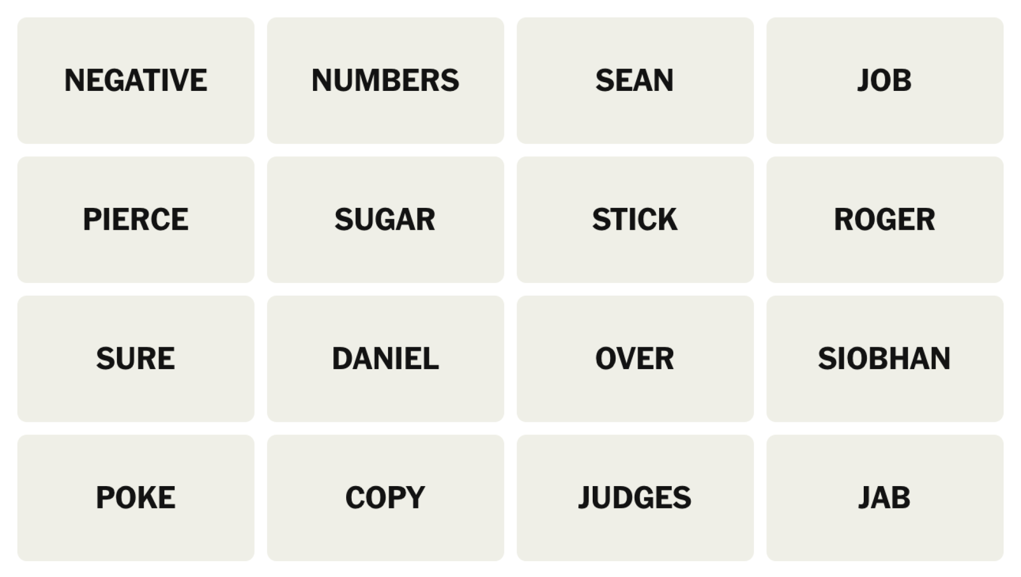 NYT Connections board for April 8, 2025: NEGATIVE, NUMBERS, SEAN, JOB, PIERCE, SUGAR, STICK, ROGER, SURE, DANIEL, OVER, SIOBHAN, POKE, COPY, JUDGES, JAB.