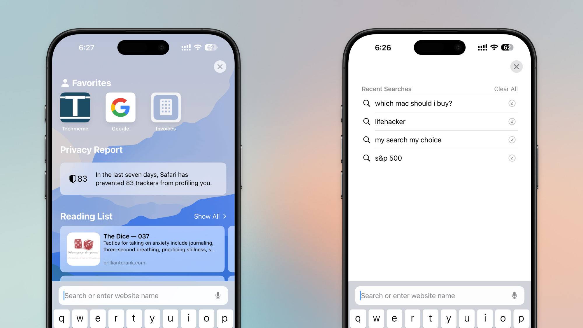 Comparison of Safari's Search screen
