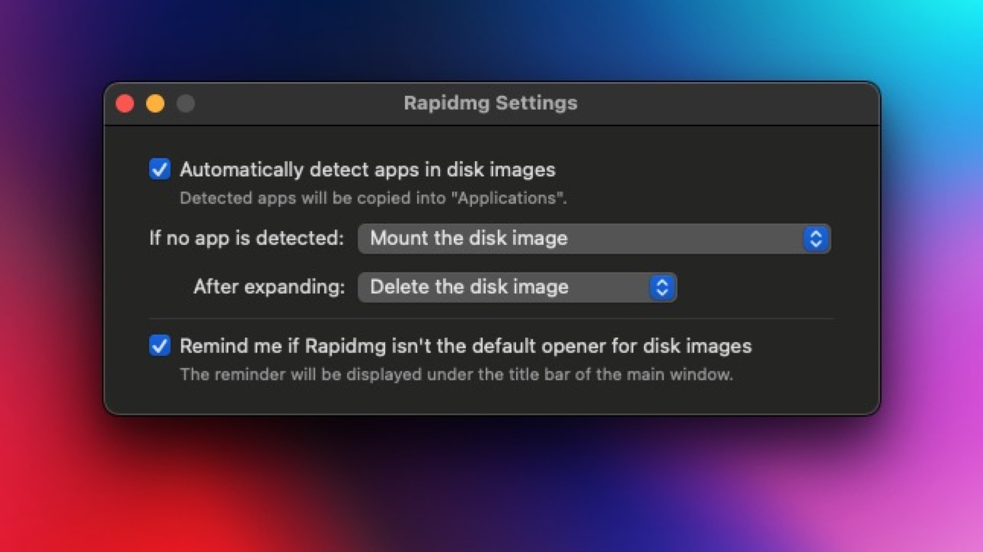 Settings page displayed in Rapidmg.