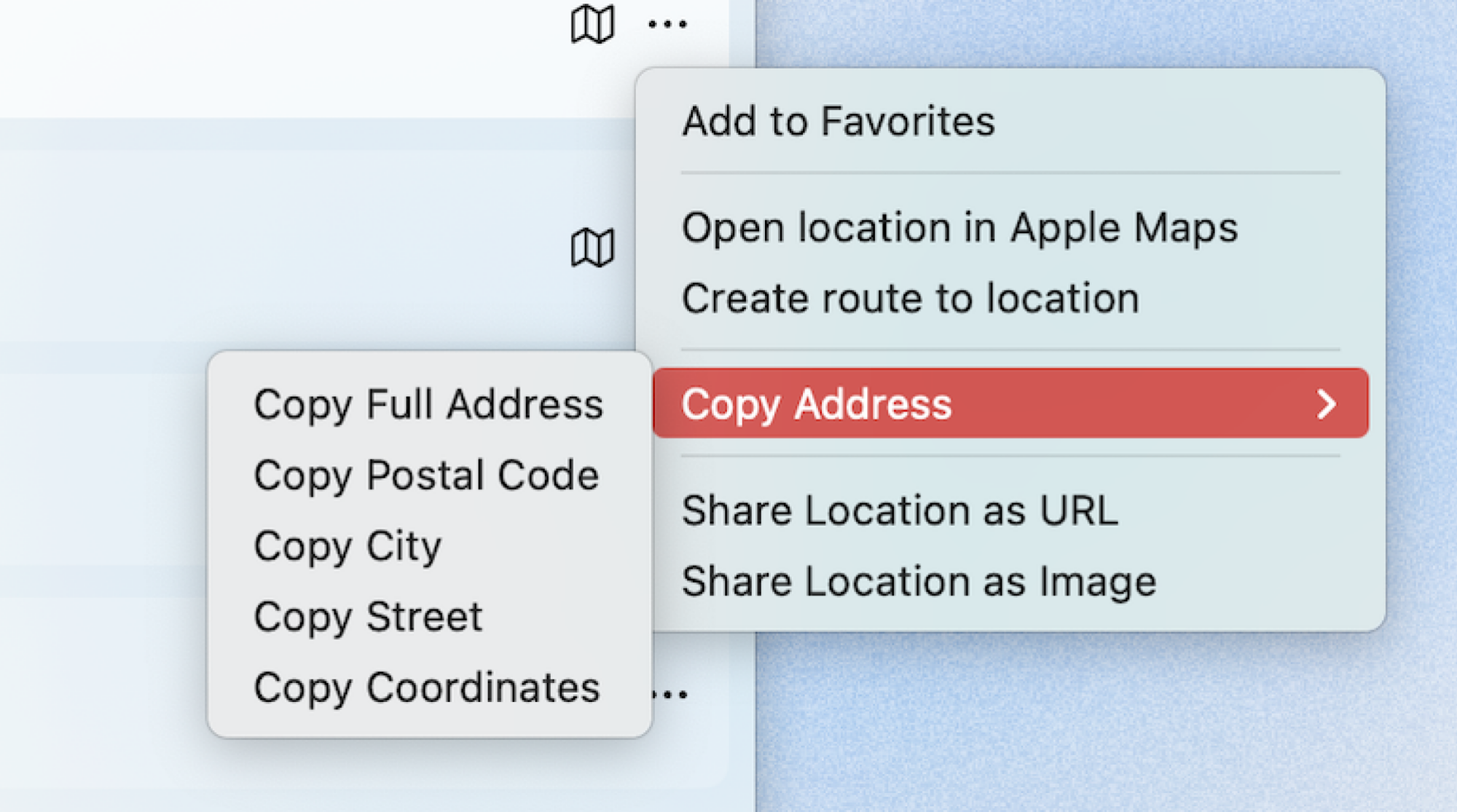 Options for managing locations in the application including adding to favorites, creating routes, and sharing.