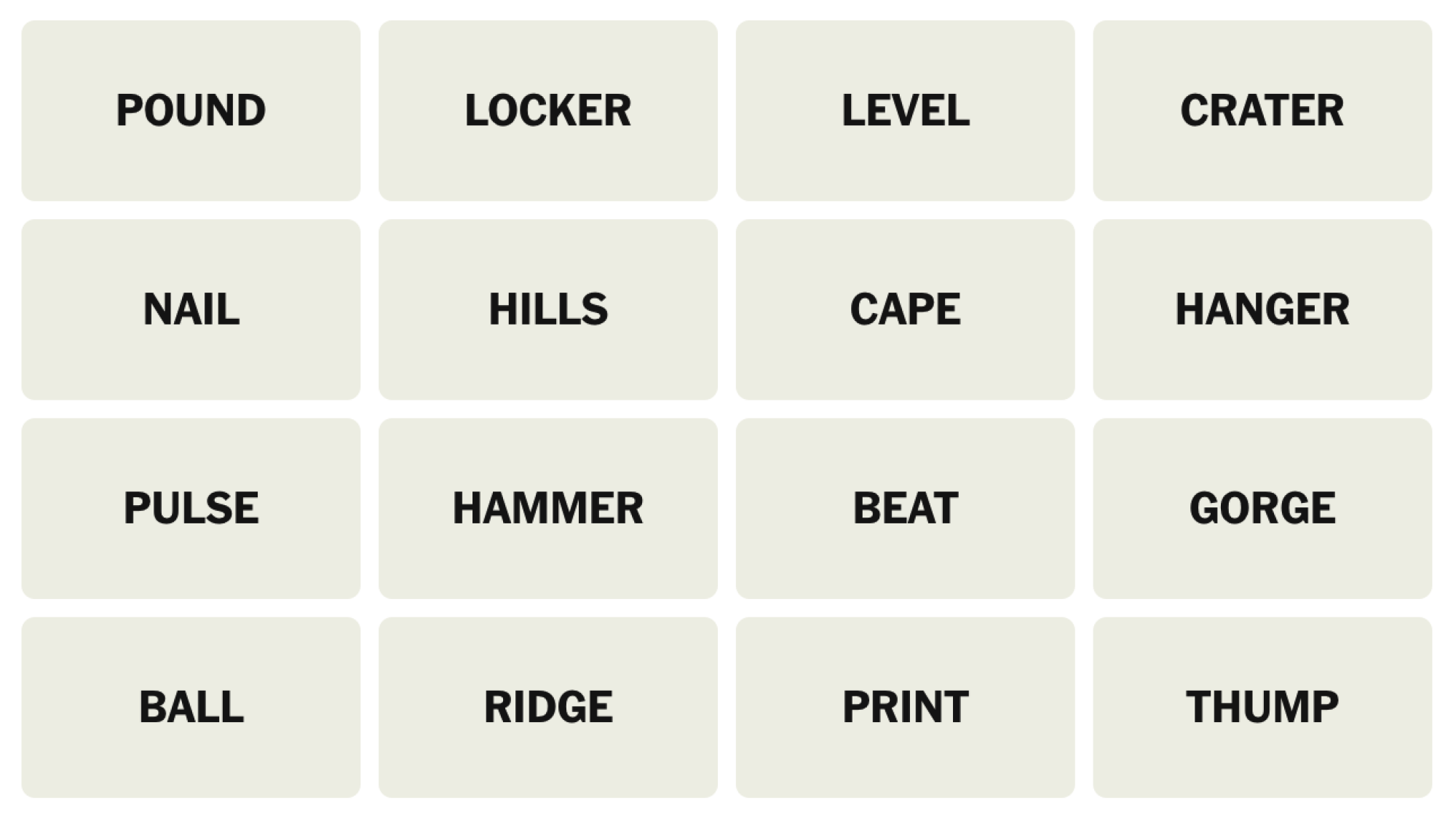 NYT Connections board for April 7, 2025: POUND, LOCKER, LEVEL, CRATER, NAIL, HILLS, CAPE, HANGER, PULSE, HAMMER, BEAT, GORGE, BALL, RIDGE, PRINT, THUMP.