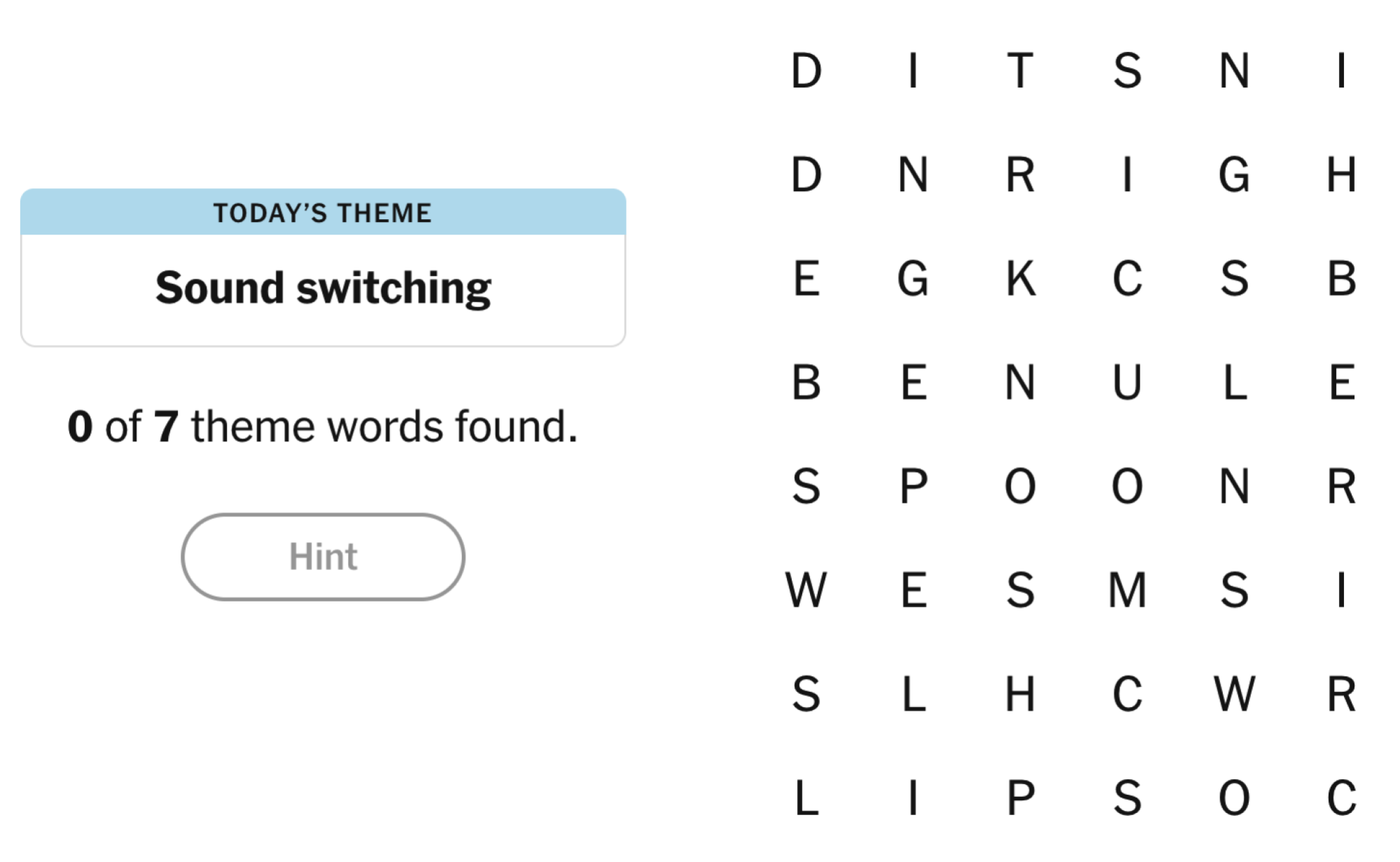 NYT Strands board for March 17, 2025: Sound switching.