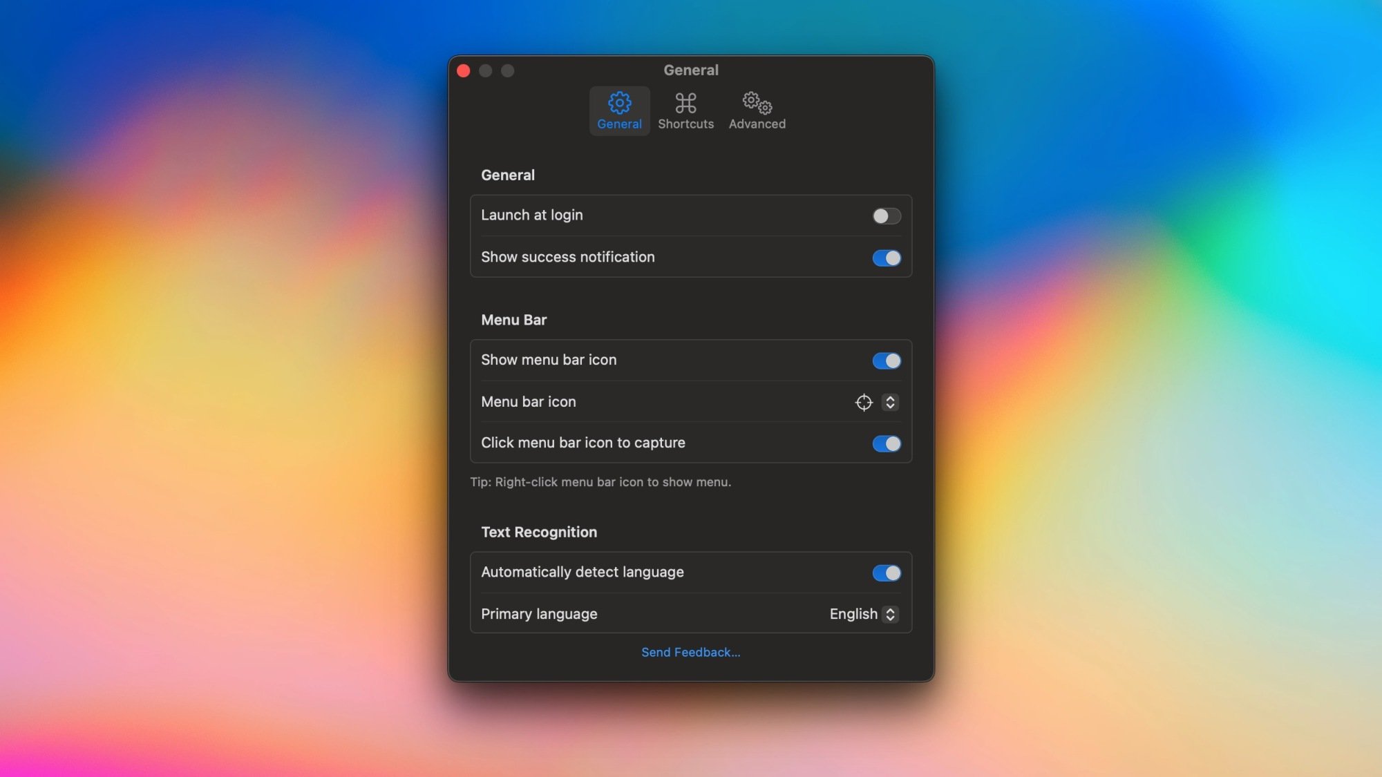 Text Lens settings window displayed on a Mac.