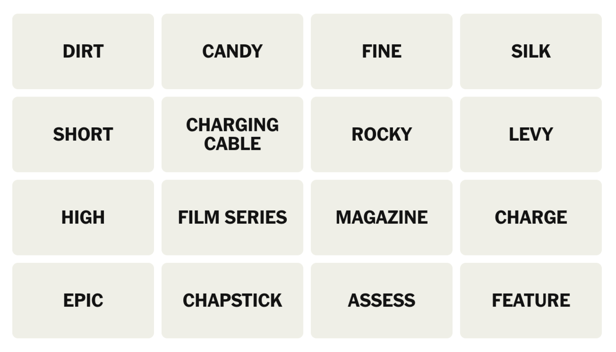 NYT Connections board for March 14, 2025: DIRT, CANDY, FINE, SILK, SHORT, CHARGING CABLE, ROCKY, LEVY, HIGH, FILM SERIES, MAGAZINE, CHARGE, EPIC, CHAPSTICK, ASSESS, FEATURE.