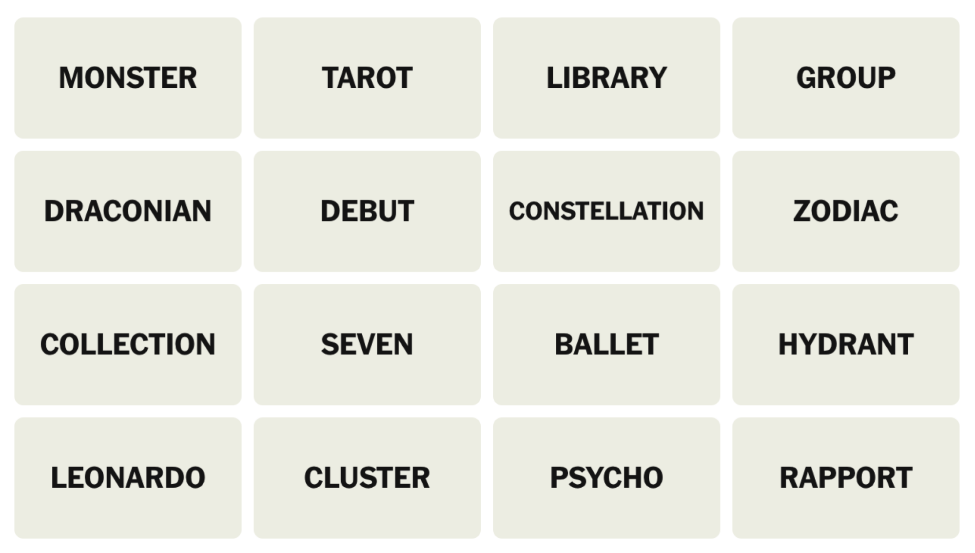 NYT Connections board for March 16, 2025: MONSTER, TAROT, LIBRARY, GROUP, DRACONIAN, DEBUT, CONSTELLATION, ZODIAC, COLLECTION, SEVEN, BALLET, HYDRANT, LEONARDO, CLUSTER, PSYCHO, RAPPORT.