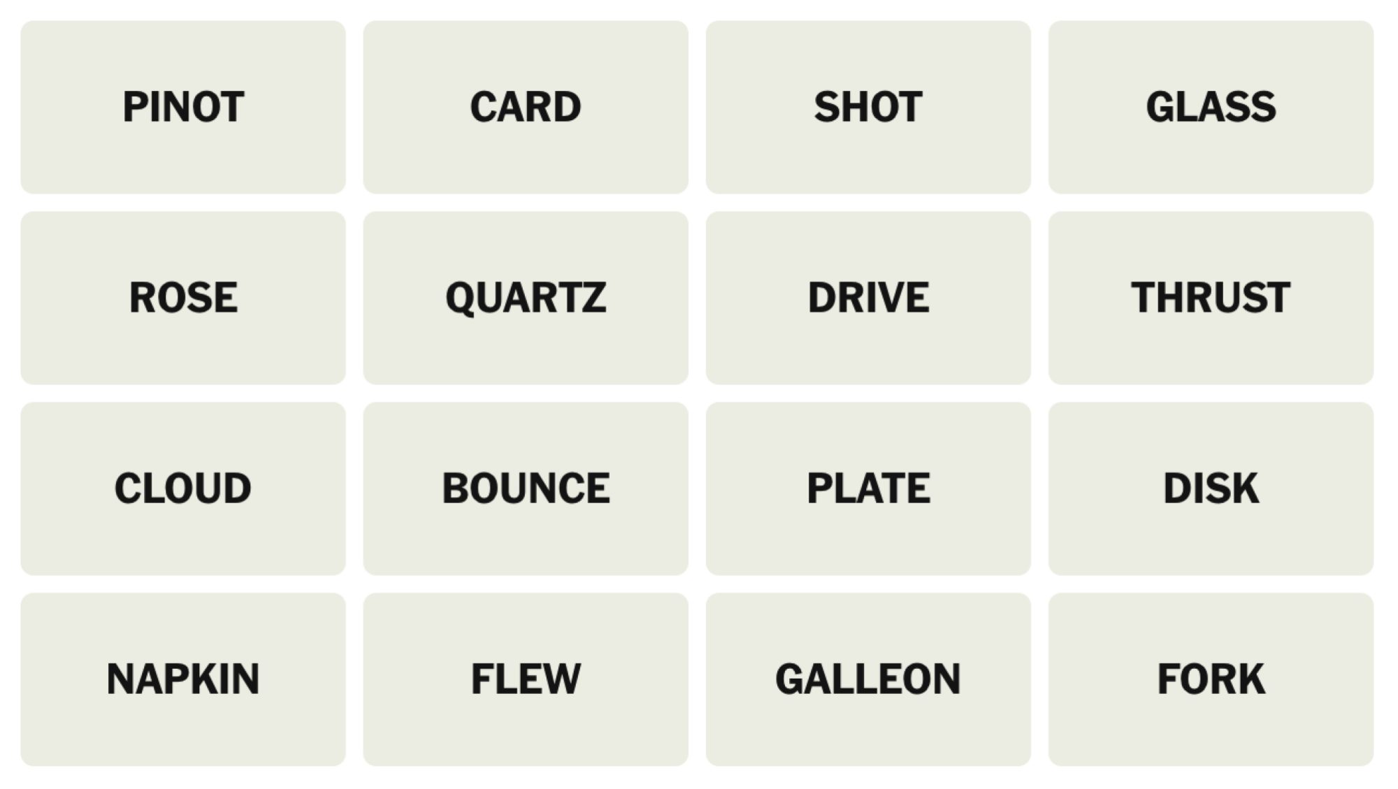NYT Connections board for March 26, 2025: PINOT, CARD, SHOT, GLASS, ROSE, QUARTZ, DRIVE, THRUST, CLOUD, BOUNCE, PLATE, DISK, NAPKIN, FLEW, GALLEON, FORK.