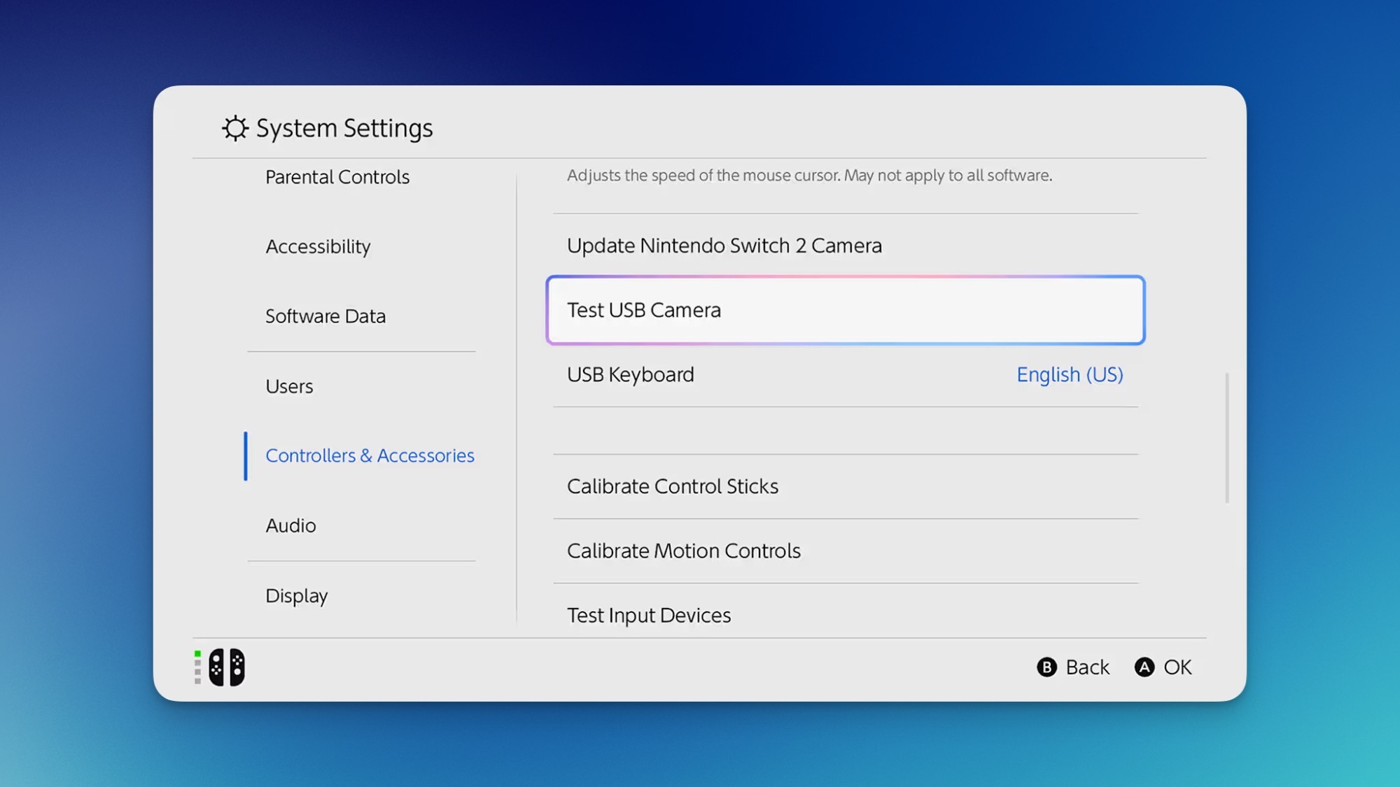 Settings page of the Nintendo Switch 2, showcasing the highlighted Test USB Camera feature.