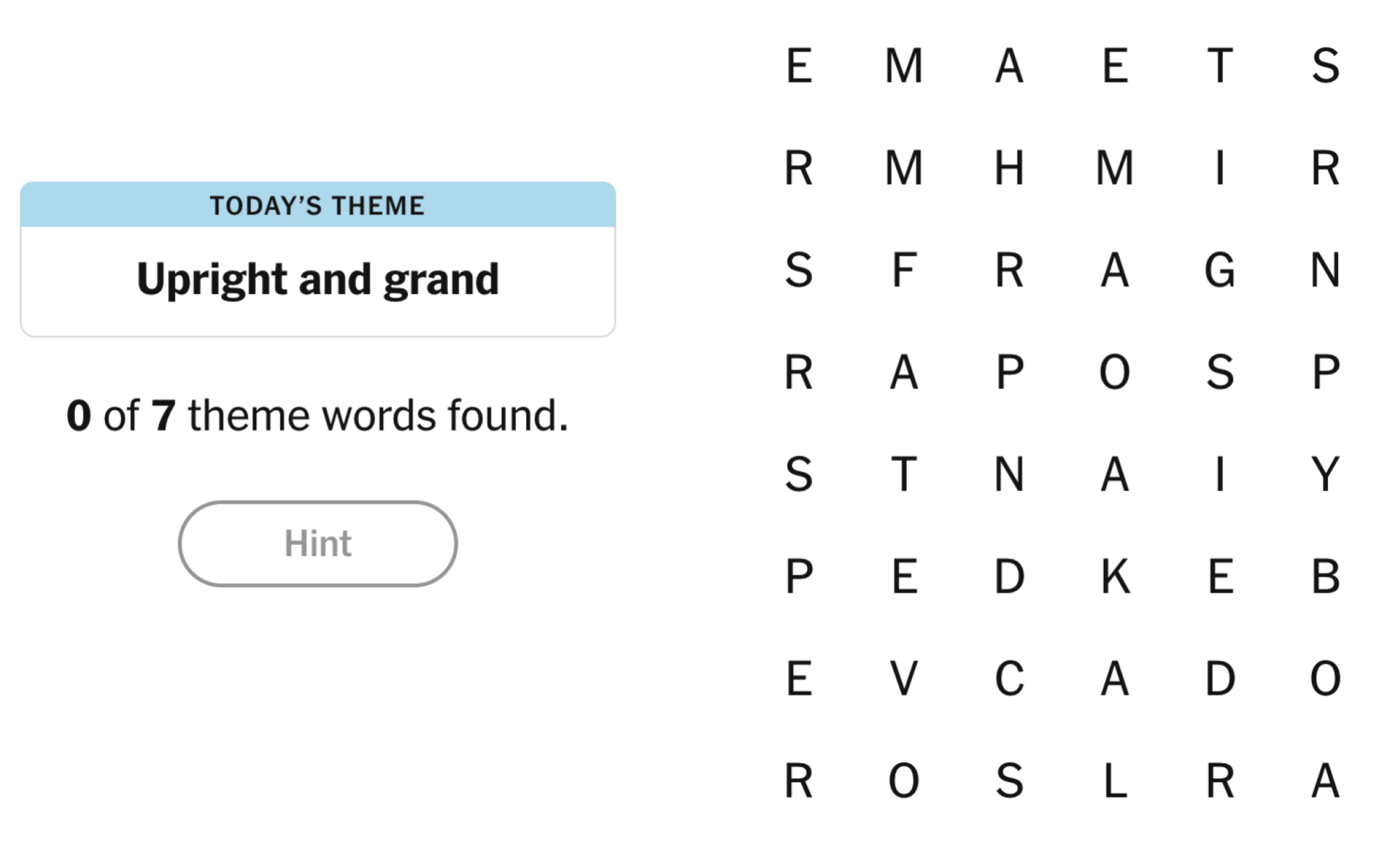 NYT Strands board for March 19, 2025: Upright and grand.