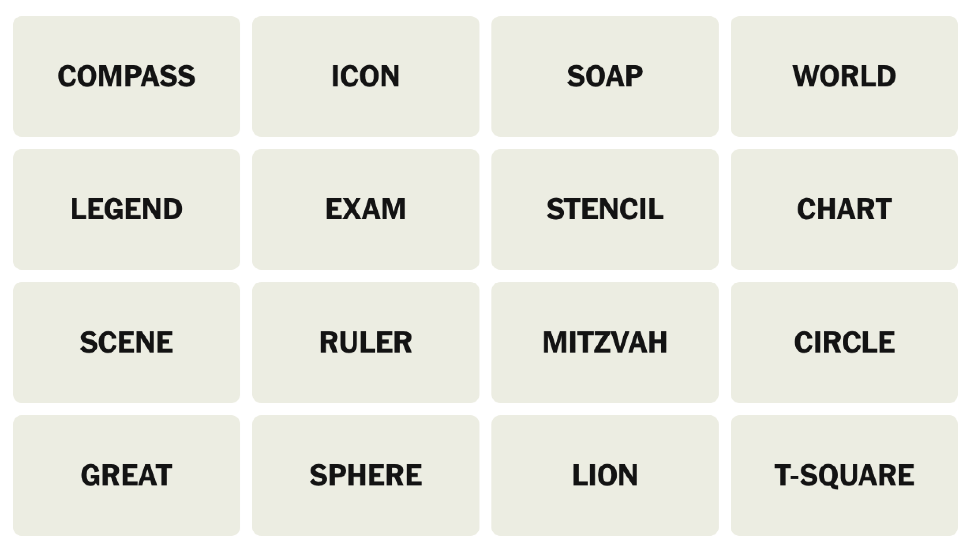 NYT Connections board for March 21, 2025: COMPASS, ICON, SOAP, WORLD, LEGEND, EXAM, STENCIL, CHART, SCENE, RULER, MITZVAH, CIRCLE, GREAT, SPHERE, LION, T-SQUARE.