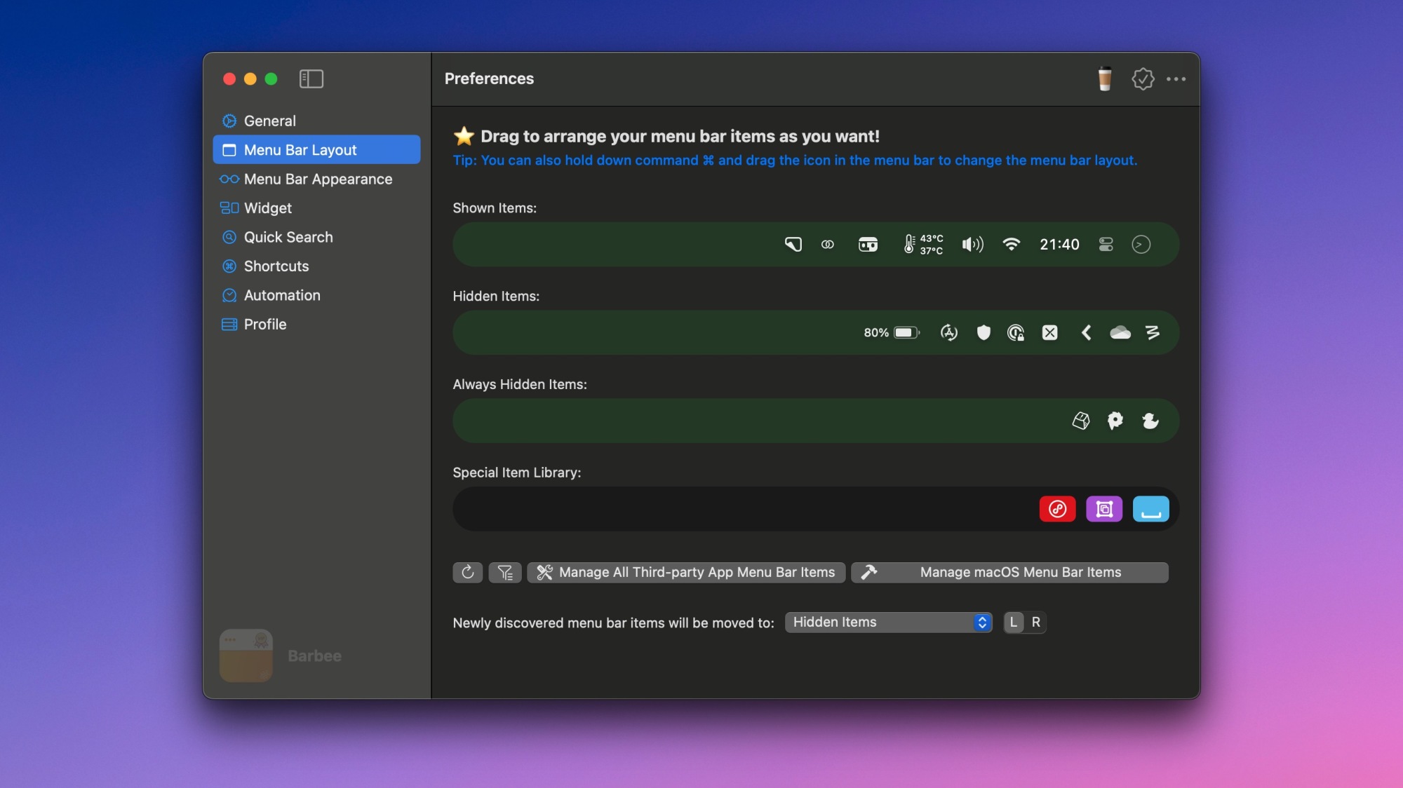 Various menu bar layouts in Barbee for Mac.