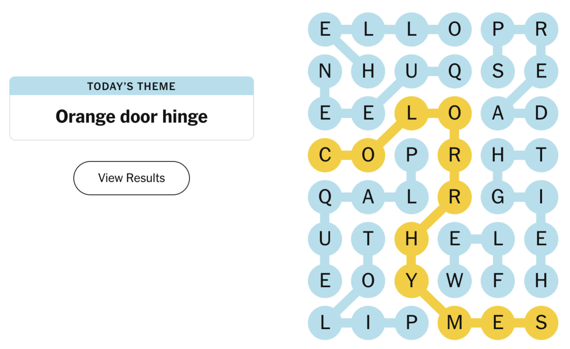 Completed NYT Strands board for April 13, 2024: Orange door hinge.