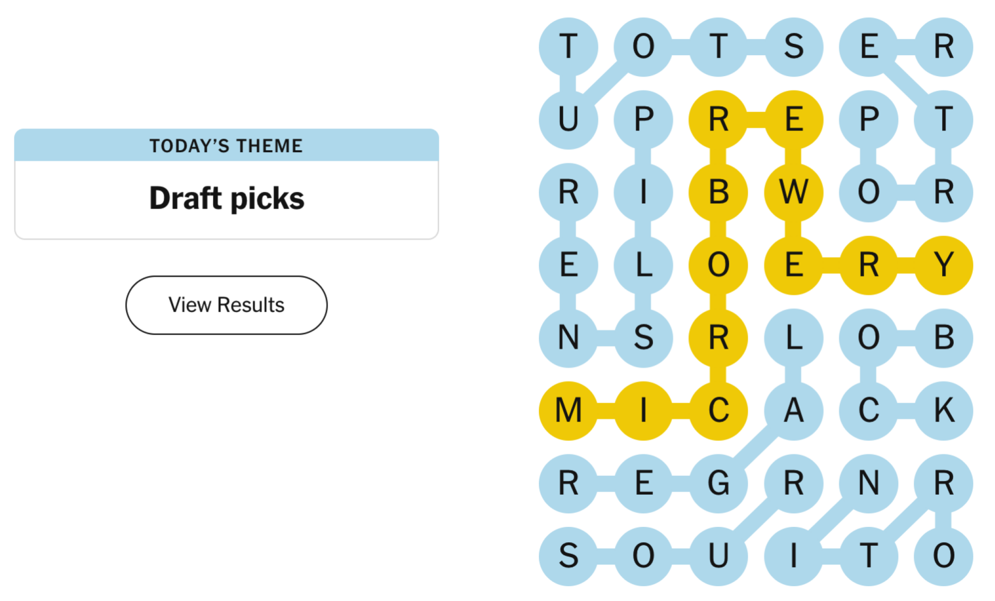 Completed NYT Strands board for April 15, 2024: Draft picks.