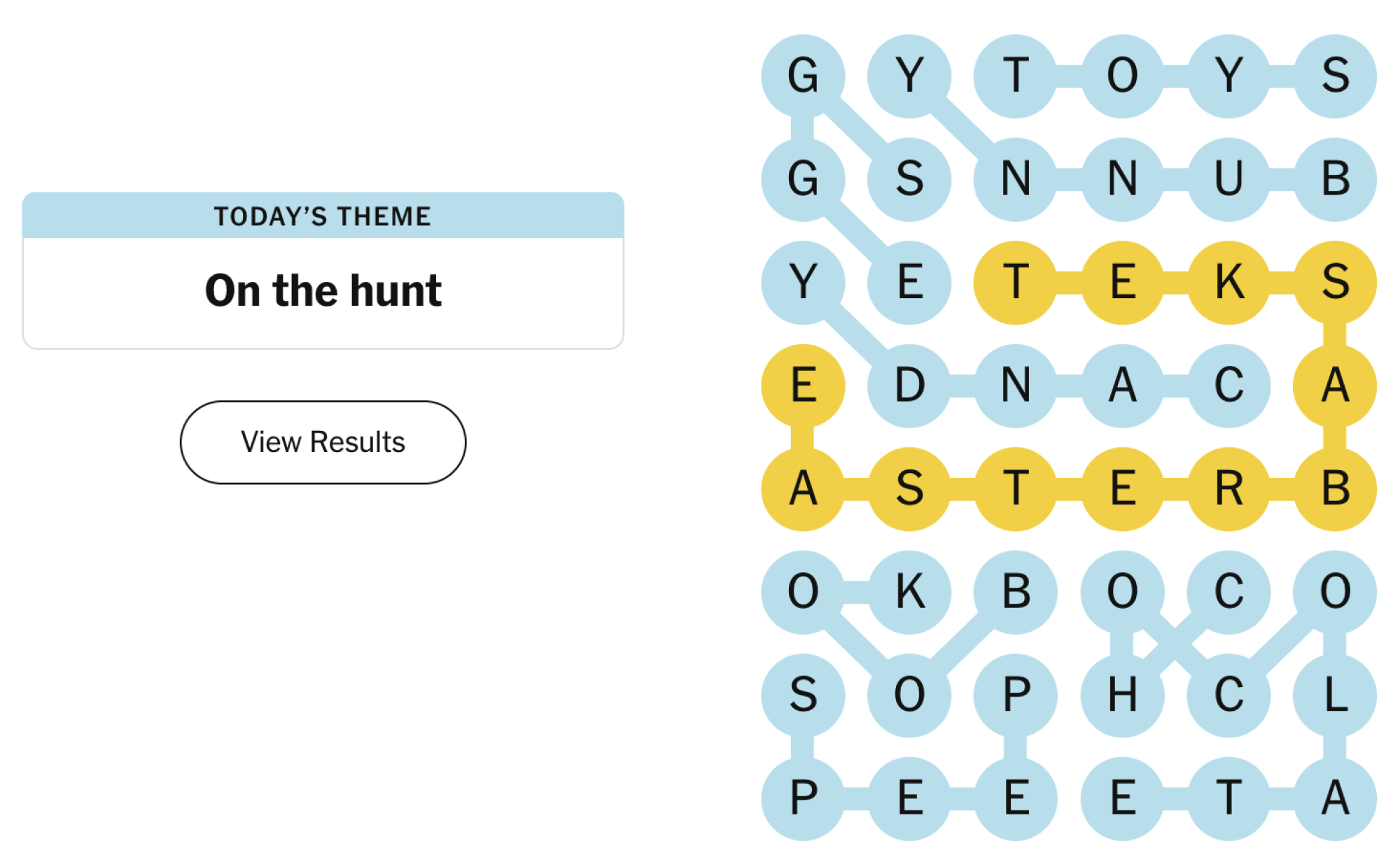 Completed NYT Strands board for April 20, 2024: On the hunt.