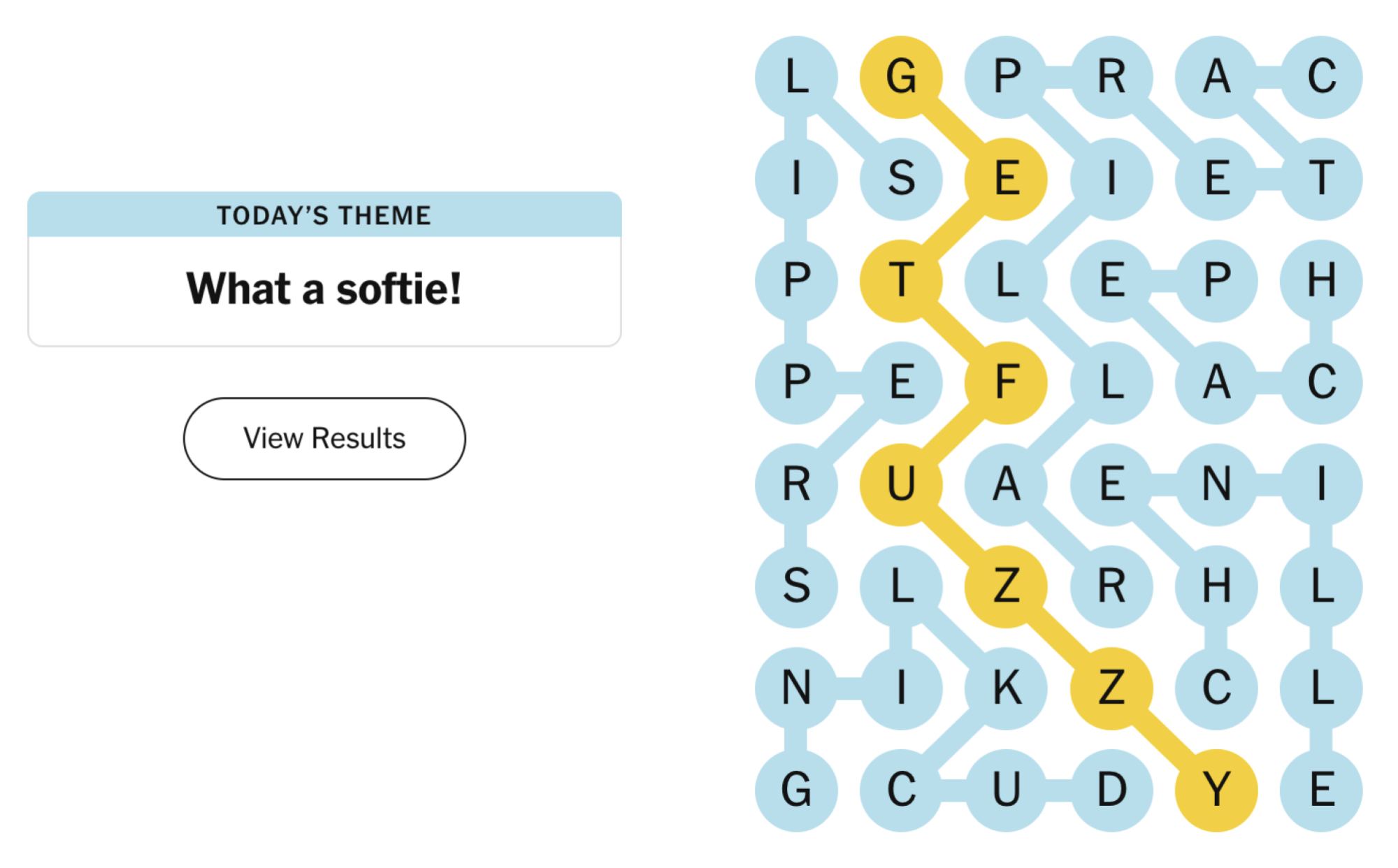 Completed NYT Strands board for April 23, 2024: What a softie!