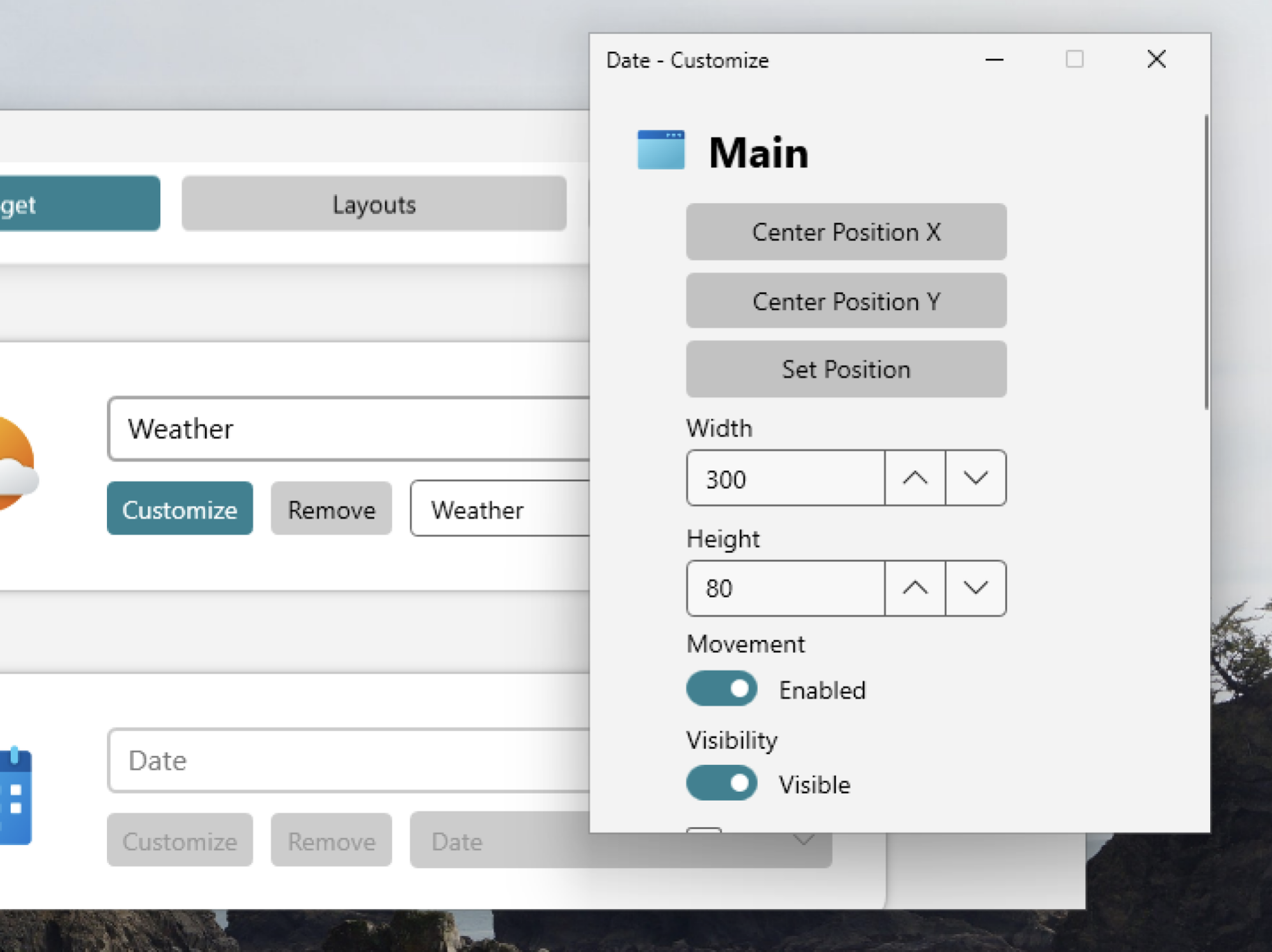 Customization screen for a date widget, changing its appearance.