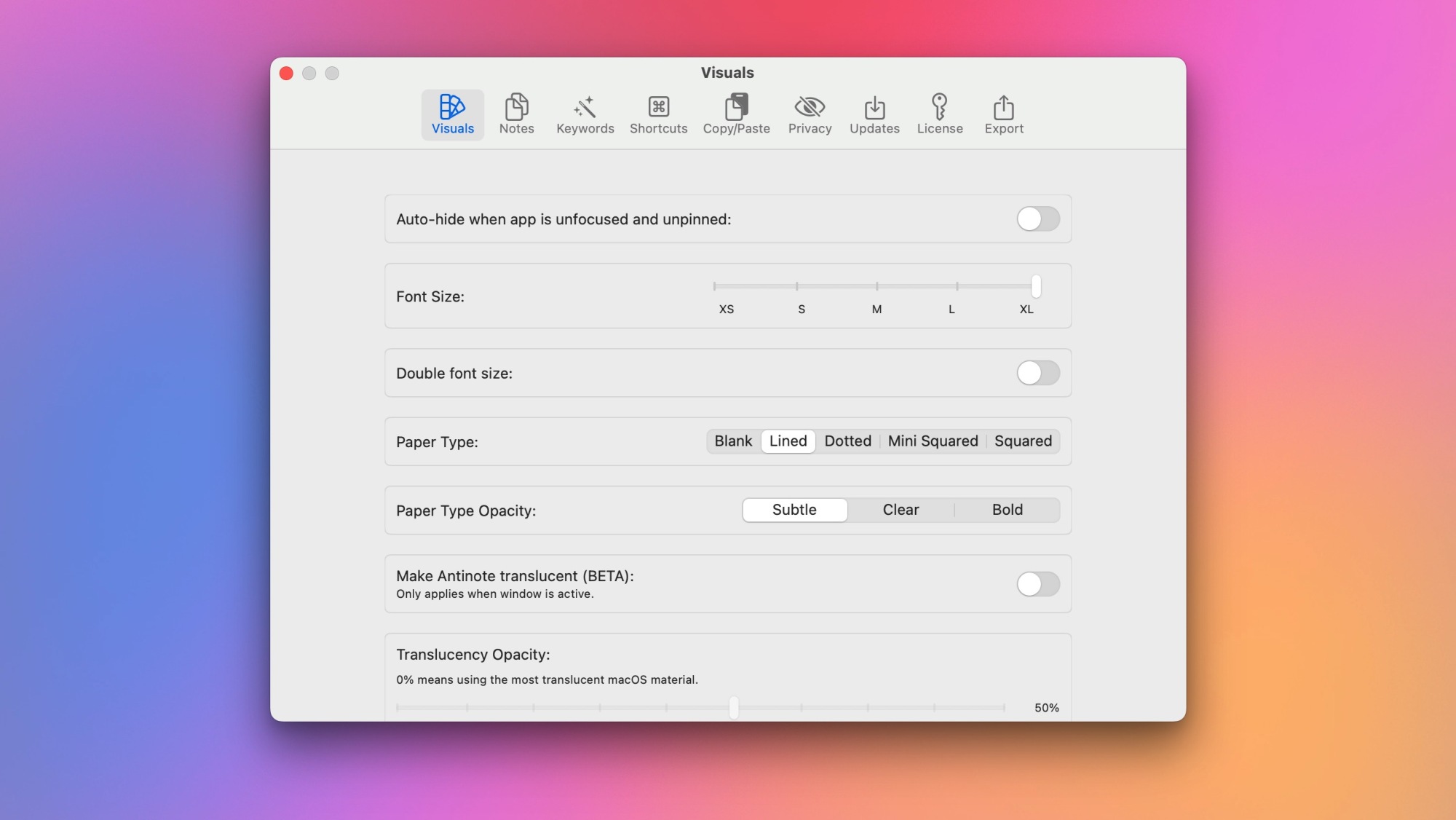 Setting the right font size for notes in Antinote for Mac.