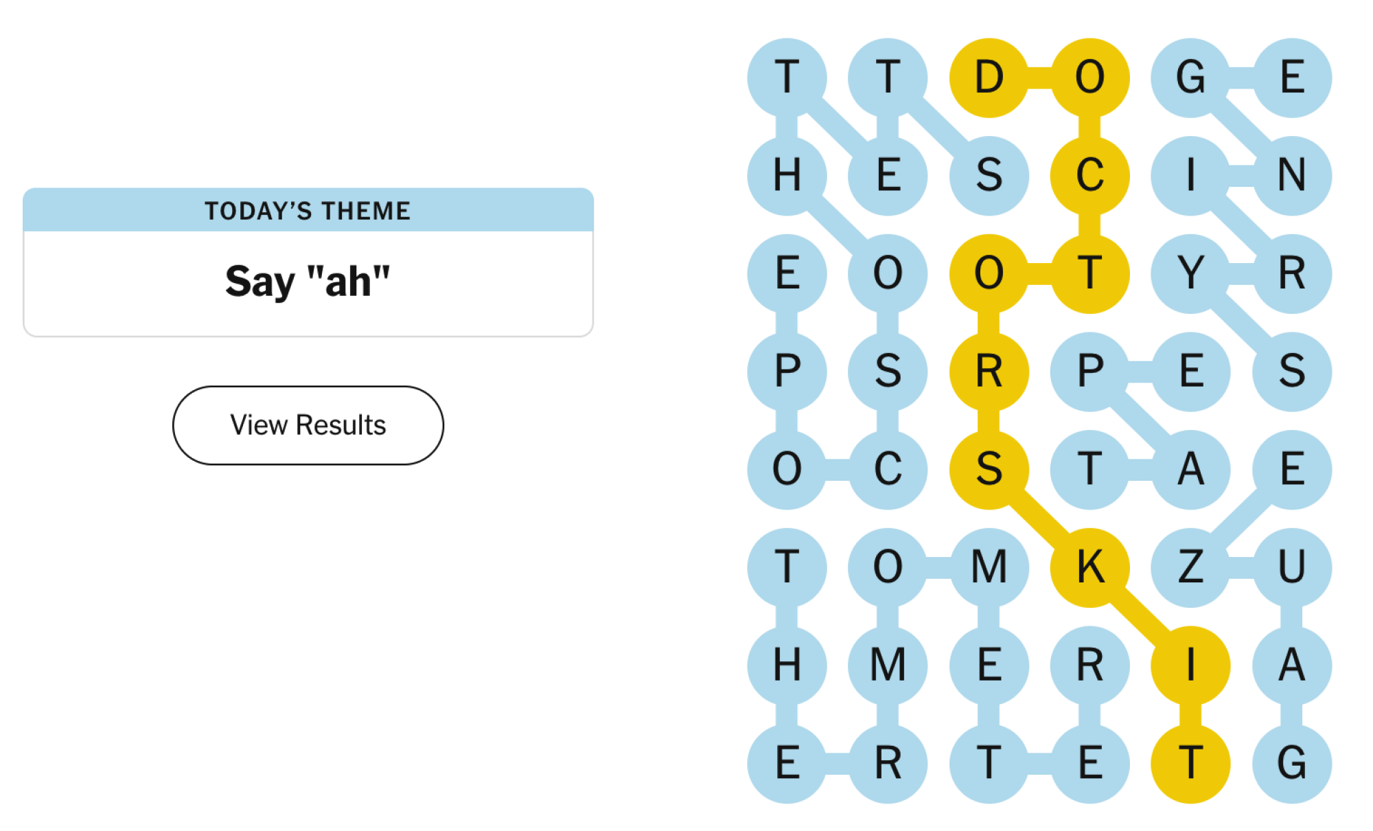 Completed NYT Strands board for May 3, 2024: Say ‘ah.’
