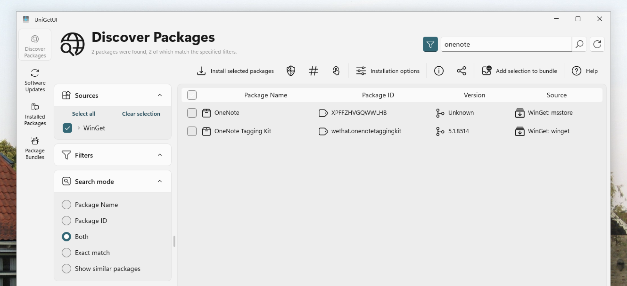 UniGetUI showcasing a search for OneNote
