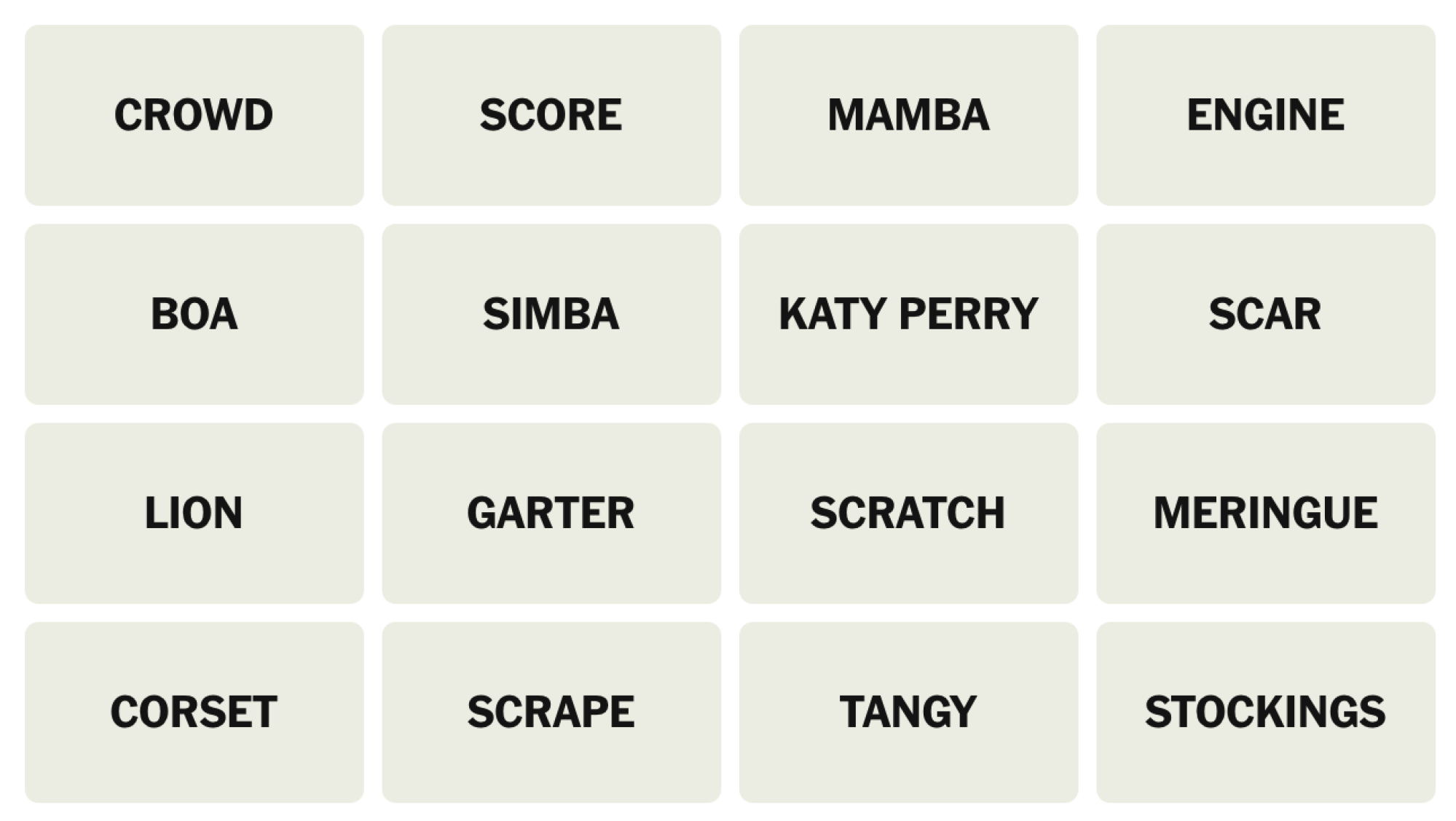 NYT Connections board for April 16, 2025: CROWD, SCORE, MAMBA, ENGINE, BOA, SIMBA, KATY PERRY, SCAR, LION, GARTER, SCRATCH, MERINGUE, CORSET, SCRAPE, TANGY, STOCKINGS.