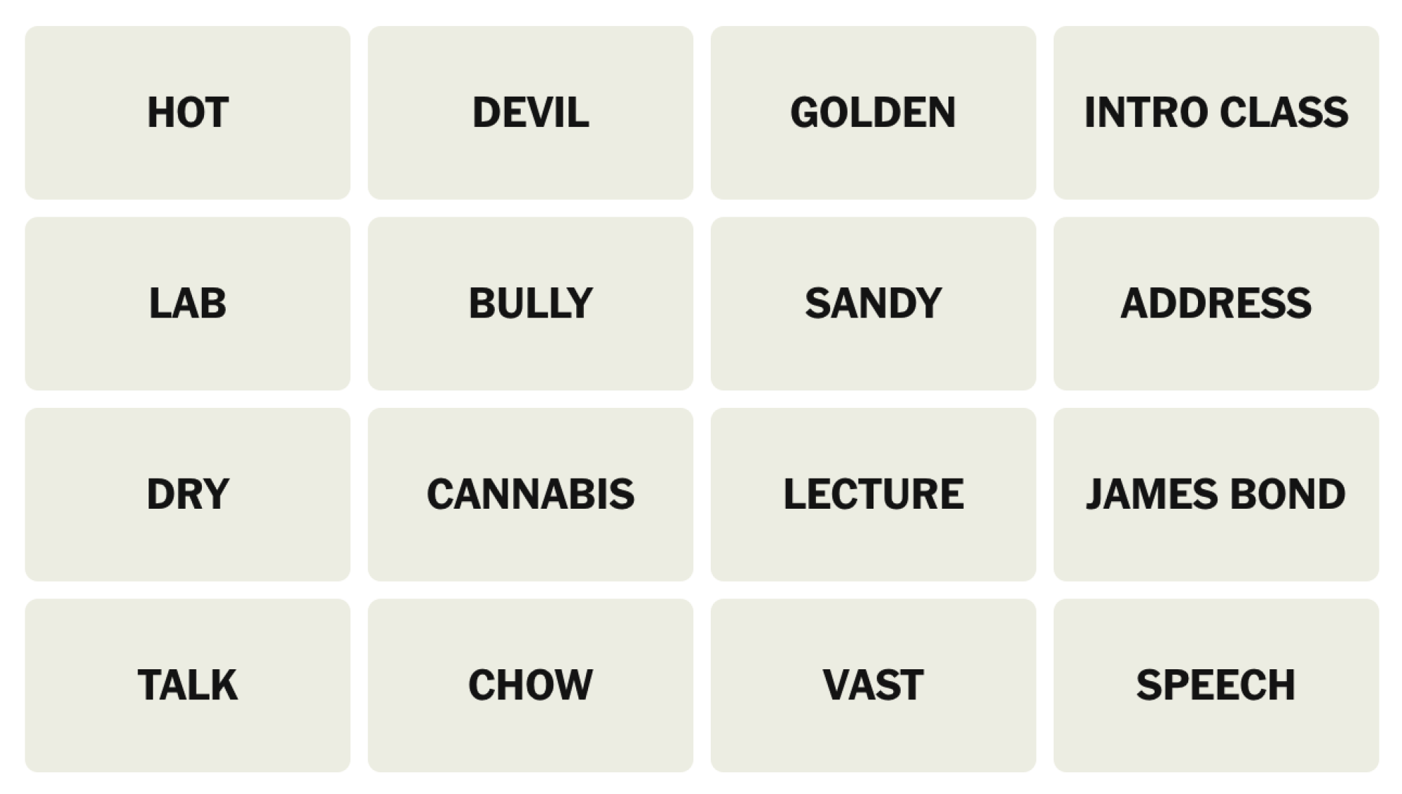 NYT Connections board for April 19, 2025: HOT, DEVIL, GOLDEN, INTRO CLASS, LAB, BULLY, SANDY, ADDRESS, DRY, CANNABIS, LECTURE, JAMES BOND, TALK, CHOW, VAST, SPEECH.