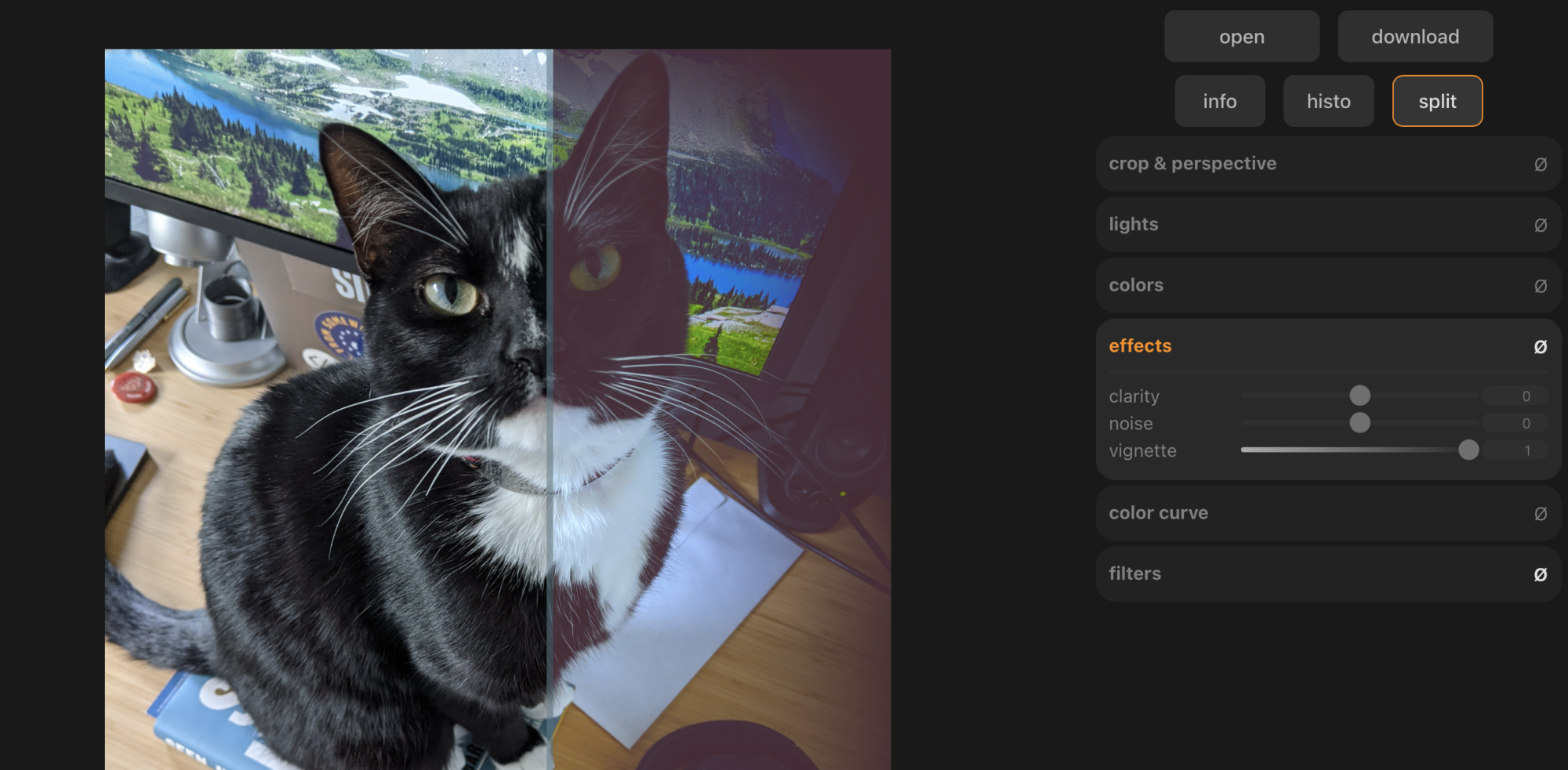 The image editor showcases a split view of the photo before and after adjustments.