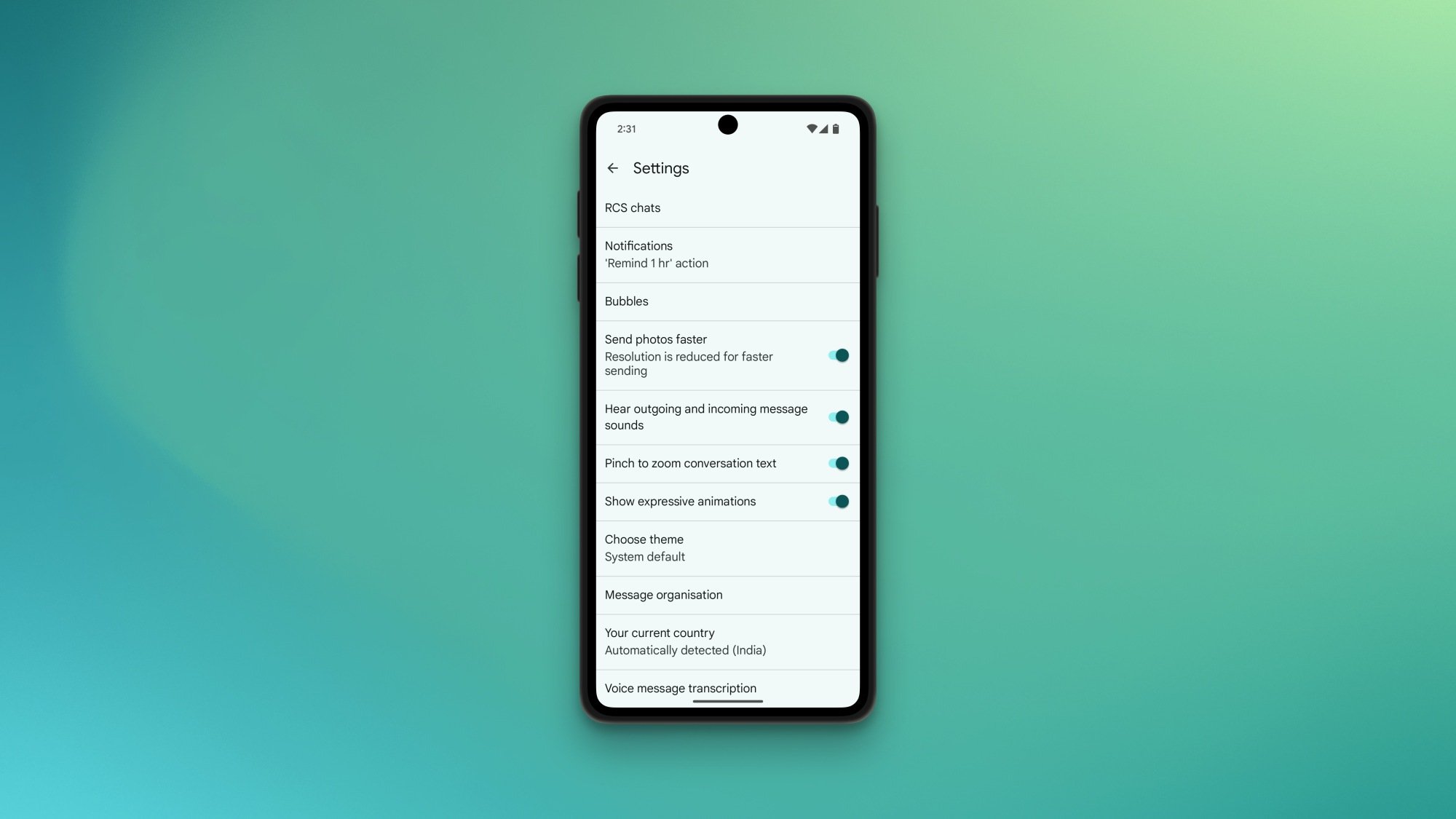 Google Messages settings, showing how to turn off full-screen effects.