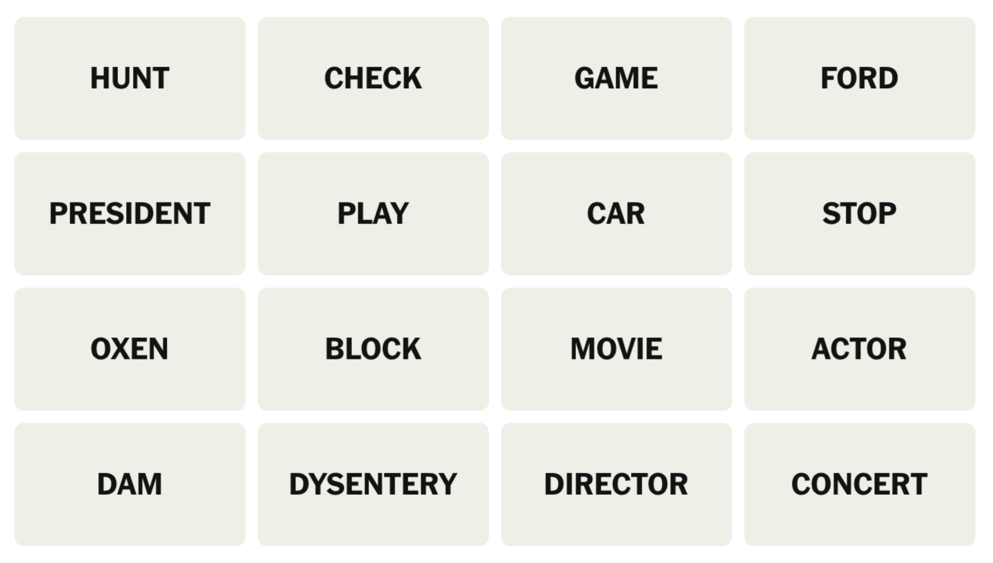 NYT Connections board for April 14, 2025: HUNT, CHECK, GAME, FORD, PRESIDENT, PLAY, CAR, STOP, OXEN, BLOCK, MOVIE, ACTOR, DAM, DYSENTERY, DIRECTOR, CONCERT.