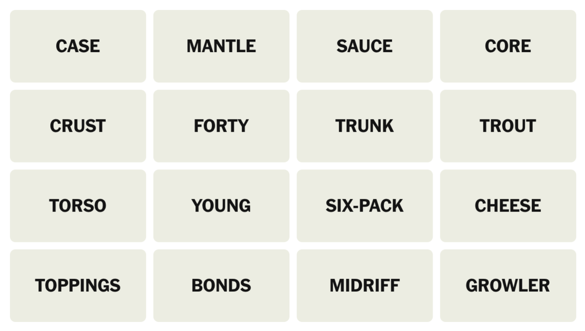 NYT Connections board for April 17, 2025: CASE, MANTLE, SAUCE, CORE, CRUST, FORTY, TRUNK, TROUT, TORSO, YOUNG, SIX-PACK, CHEESE, TOPPINGS, BONDS, MIDRIFF, GROWLER.