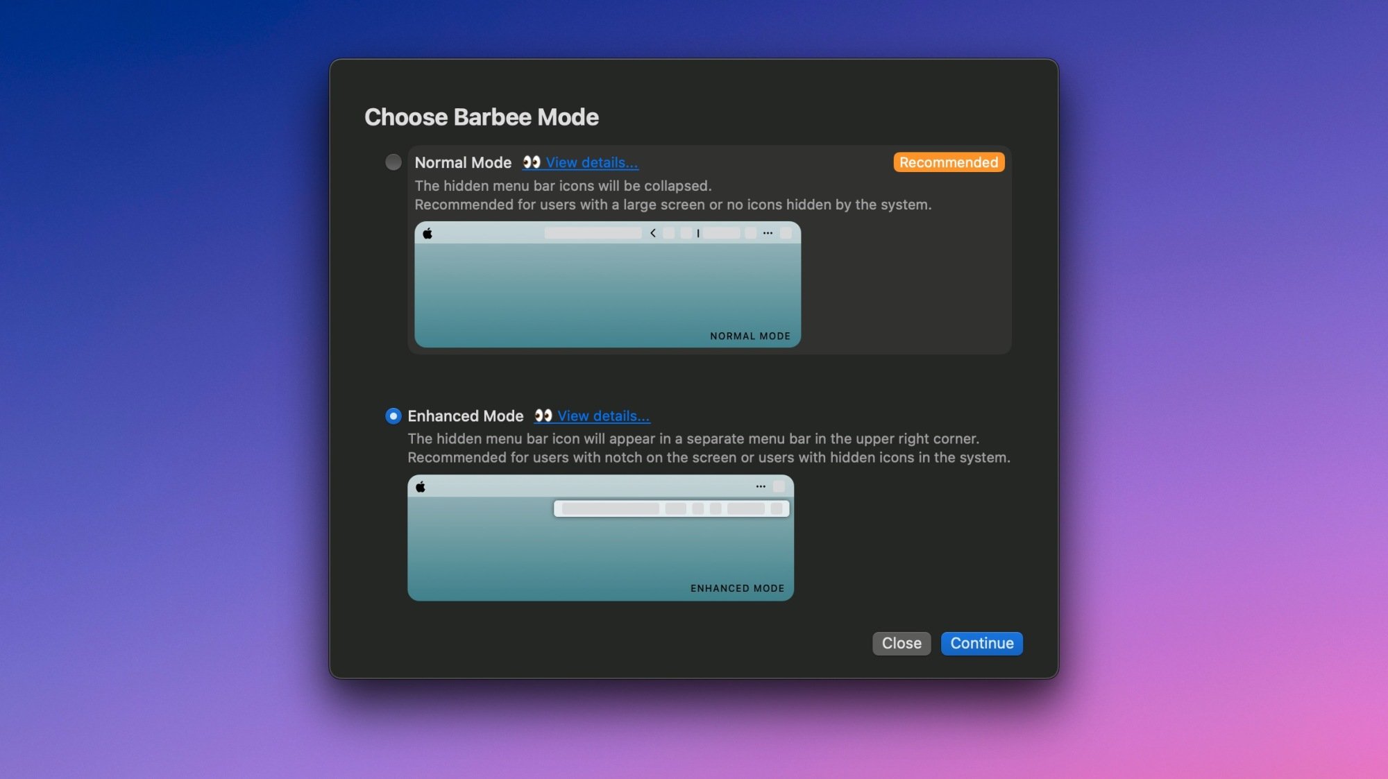 Menu bar modes in Barbee for Mac.