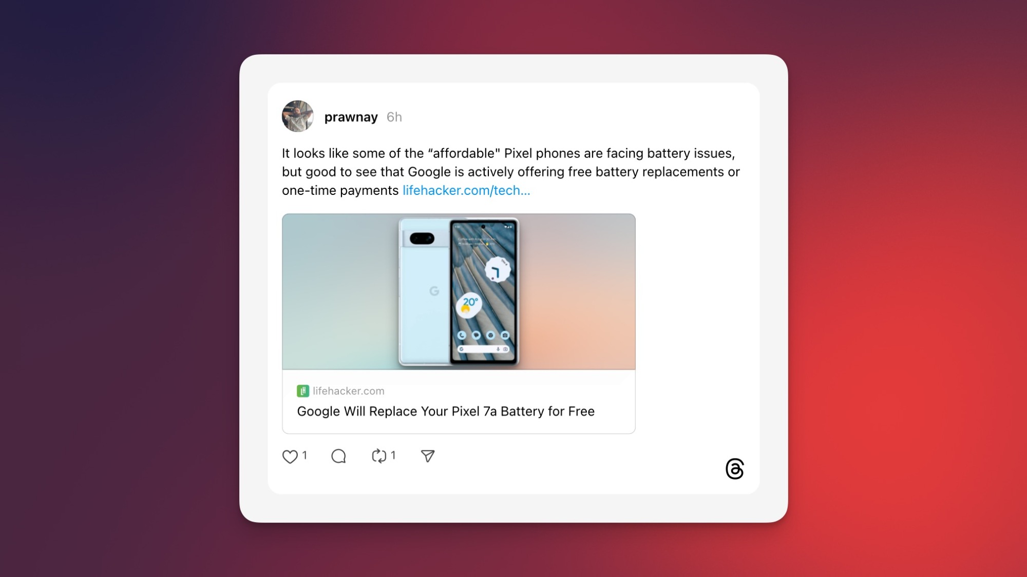 Post example on Threads regarding Google's offer for free battery replacements for certain Pixel 7a devices.