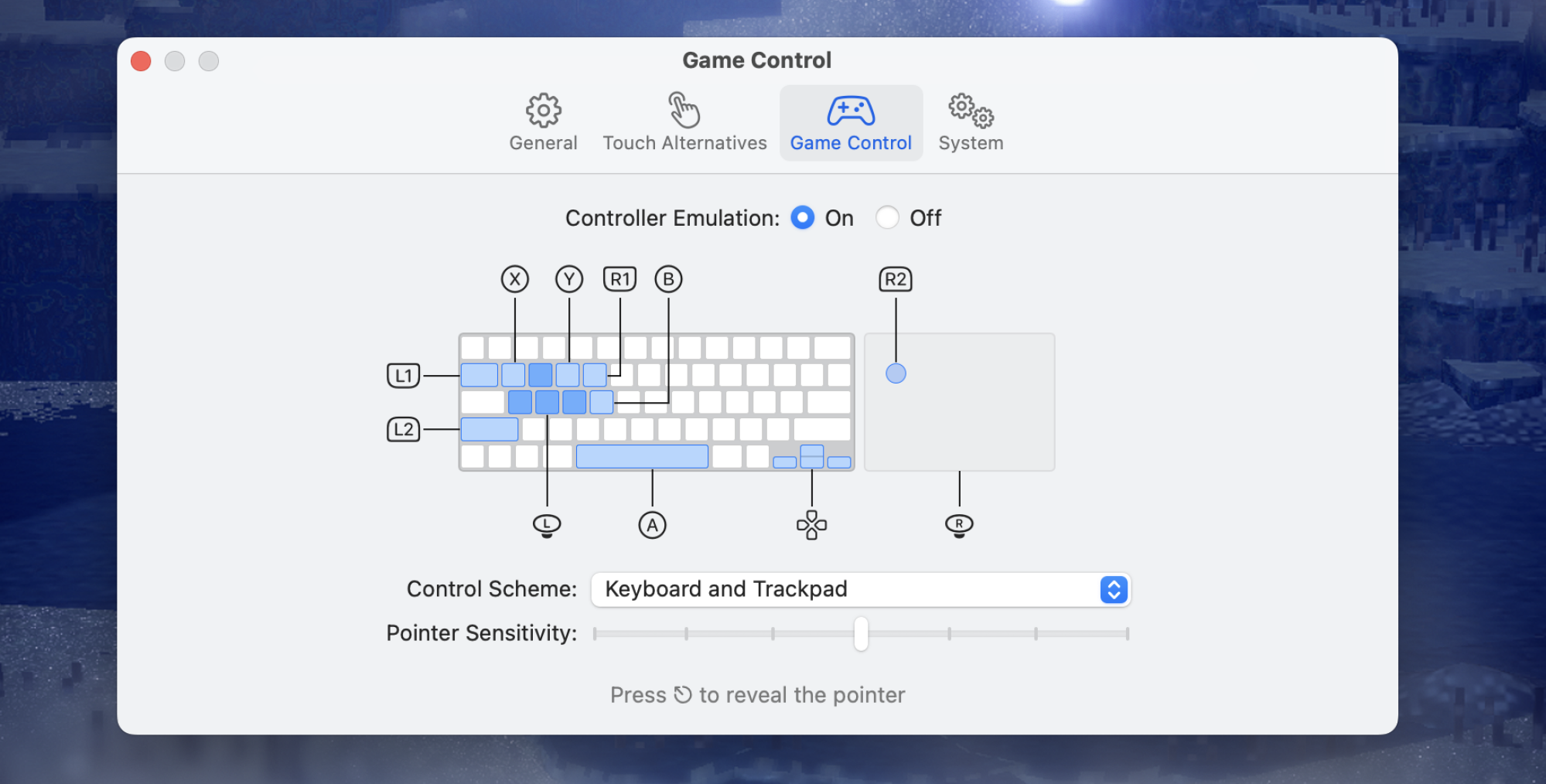 The user interface for assigning keys to a virtual gamepad.
