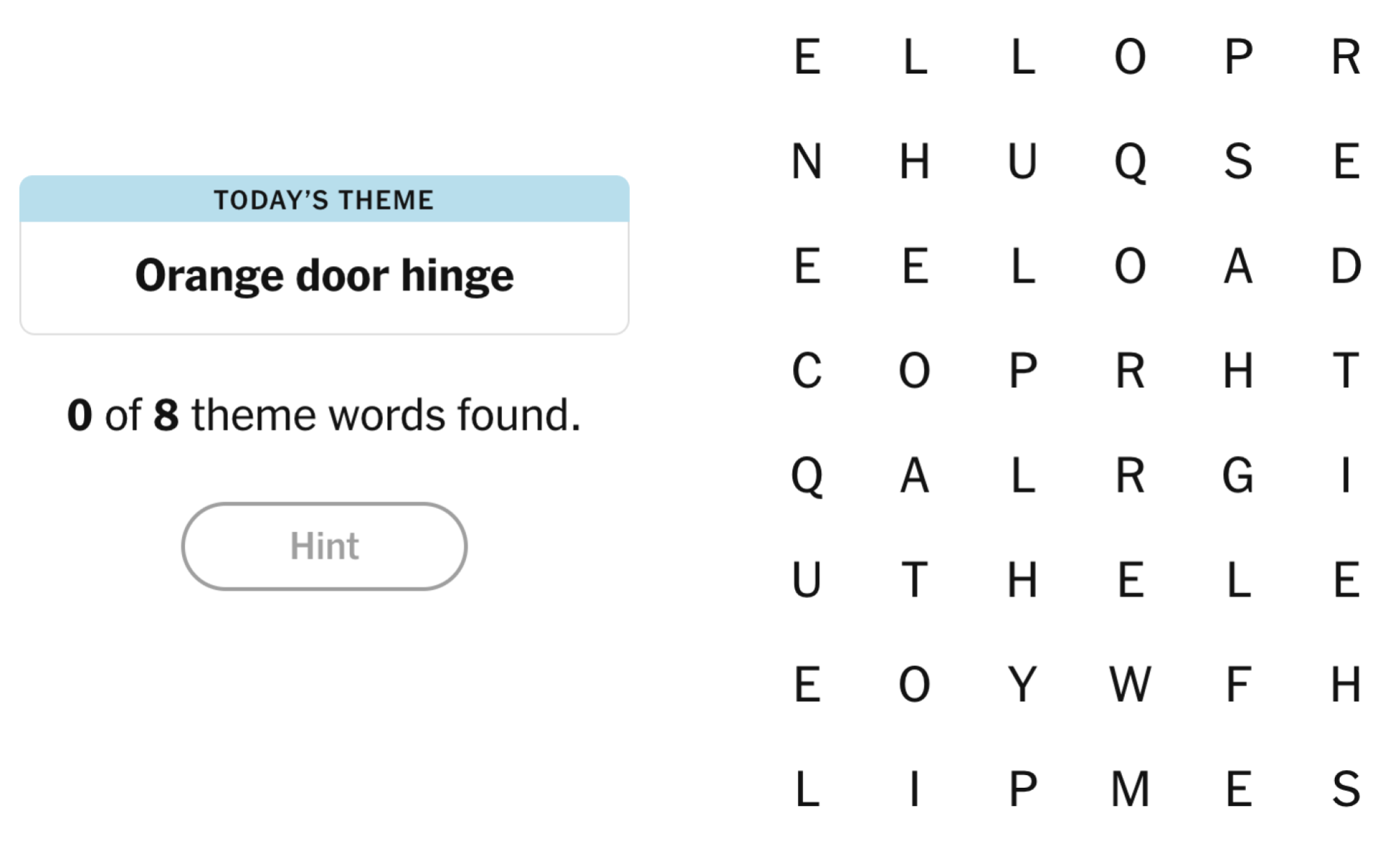 NYT Strands board for April 13, 2025: Orange door hinge.
