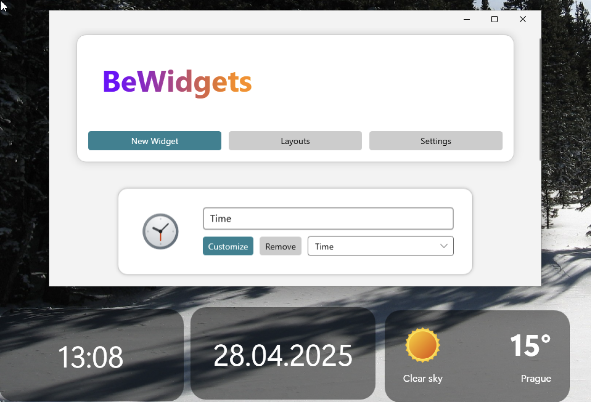 BeWidget main interface showing example widgets.