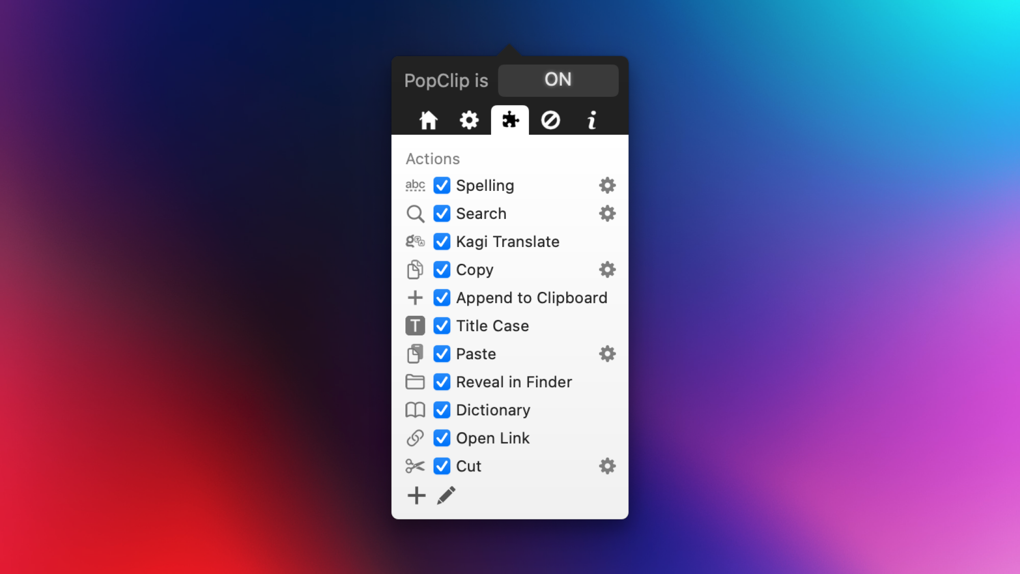 PopClip settings, showcasing the Actions tab.