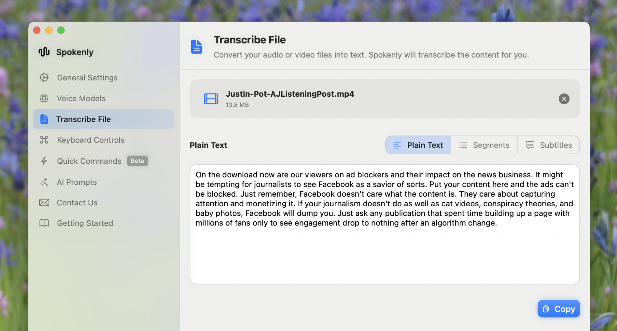 Example of transcription service generating text for a past interview